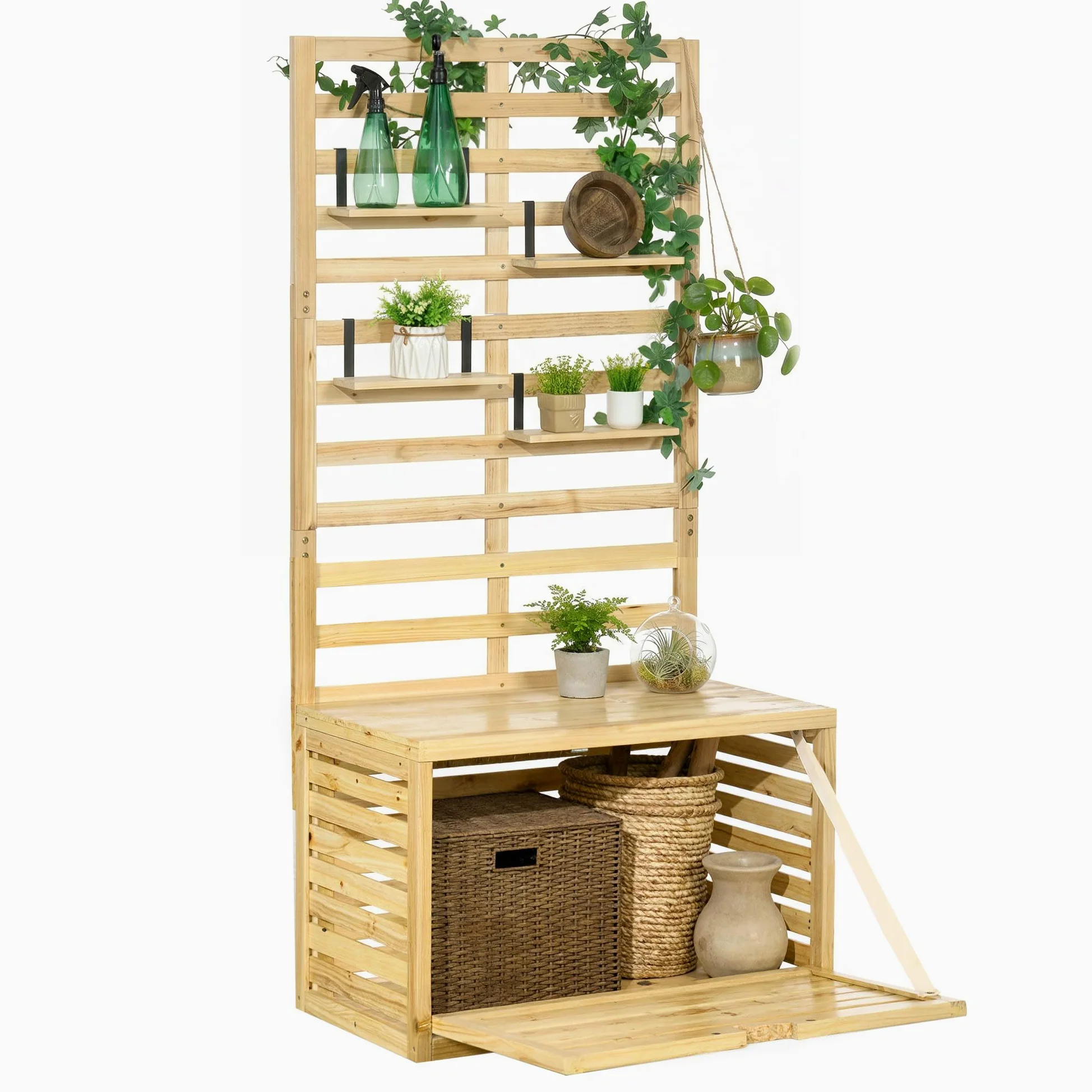 Outsunny Cassapanca da Giardino in Legno di Abete con Traliccio Integrato e 4 Ripiani, Cassapanca Contenitore da Esterno Impermeabile con Chiusura Magnetica, 80x45x160 cm, Colore Legno