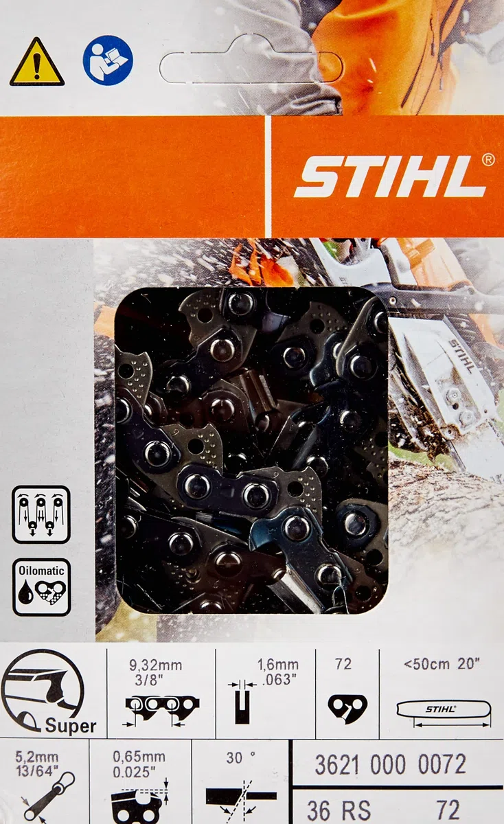 Stihl 3621 000 0072 Catena per Motosega 36 RS (scalpello Pieno), 3/8", 1,6 72 Maglie, 1 W, 1 V