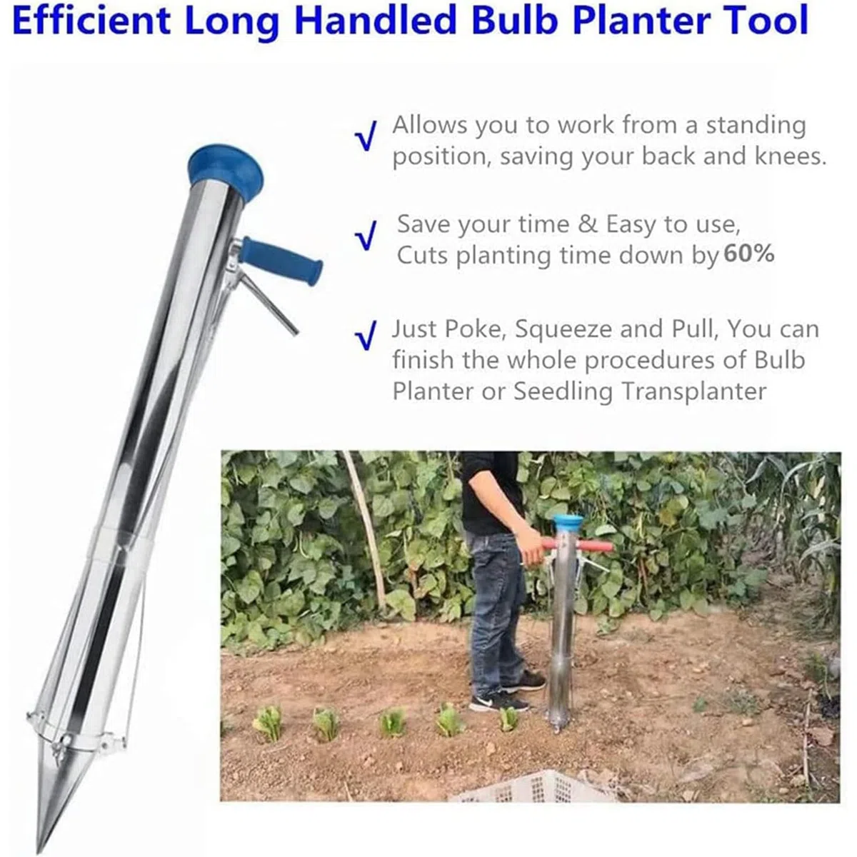 Trapiantatore per piantine di verdure - Manico lungo con piantatore di bulbi con impugnatura morbida, profondità di 12 cm, comodo per piantare in giardino, cortile, serra