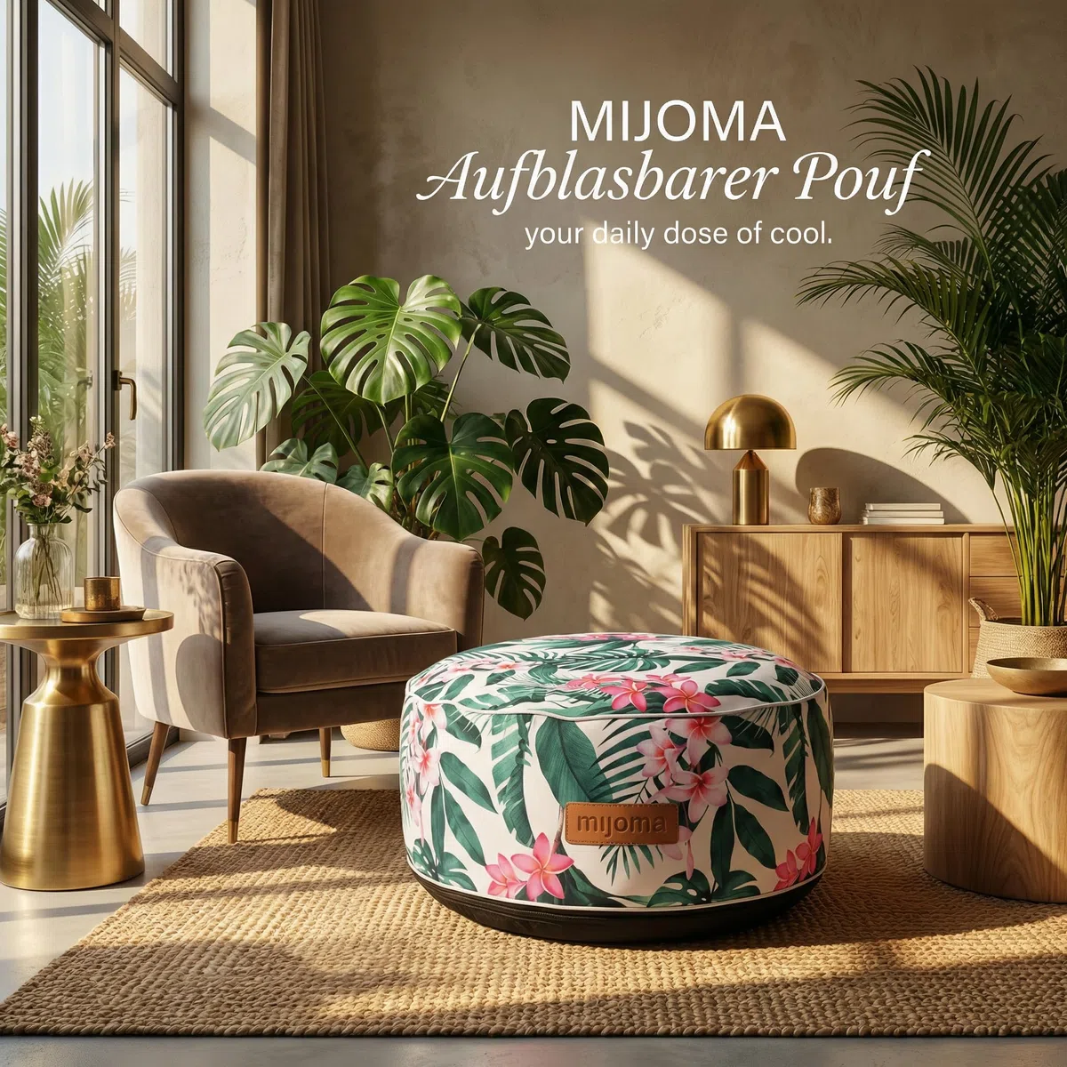 MIJOMA Pouf gonfiabile Ø 55 x 25 cm - Leaves with Flower - Poggiapiedi leggero per soggiorno e balcone - Impermeabile - Pouf e poggiapiedi