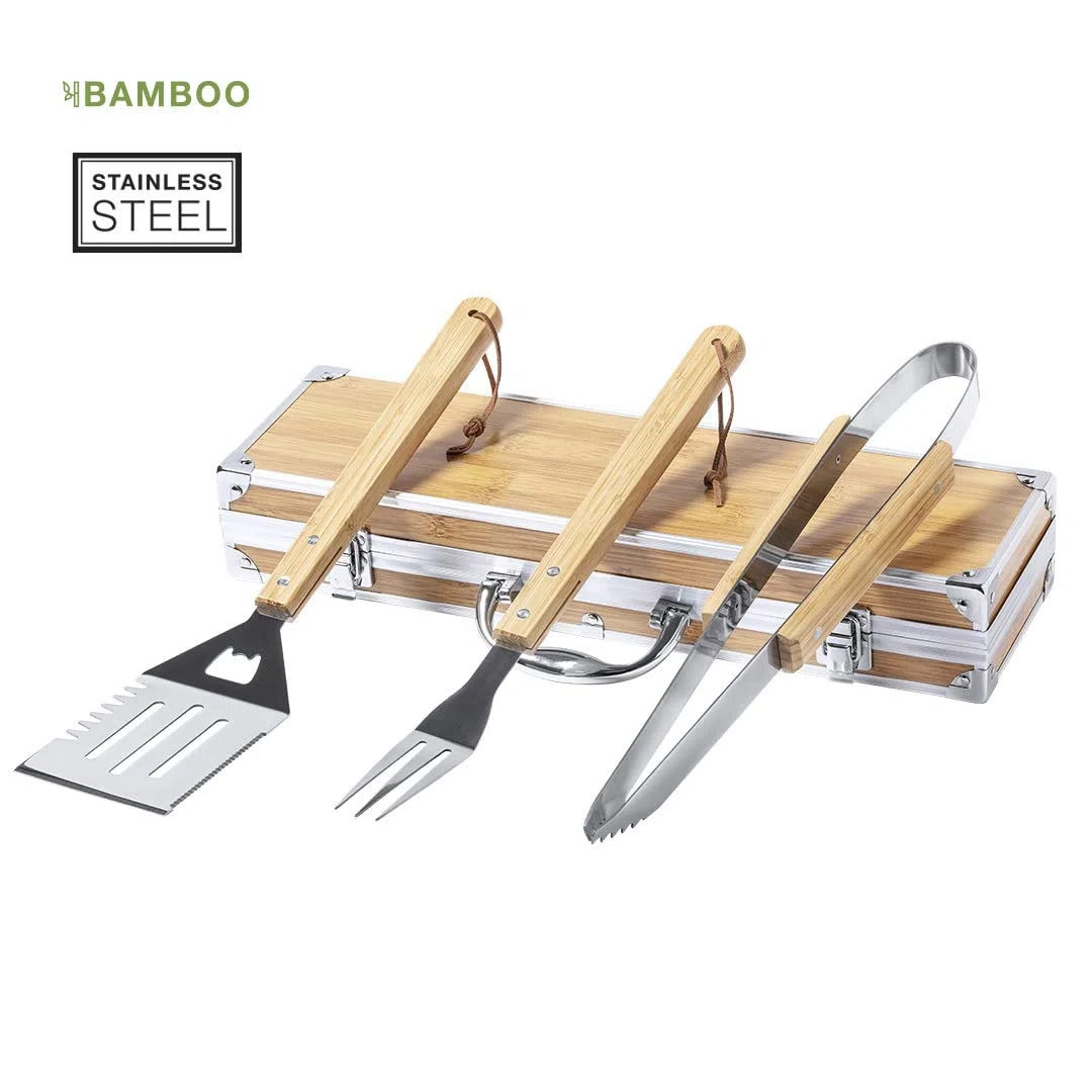 Set di 3 posate per barbecue, in valigetta in metallo effetto bambù, con pinza, forchetta e paletta per barbecue