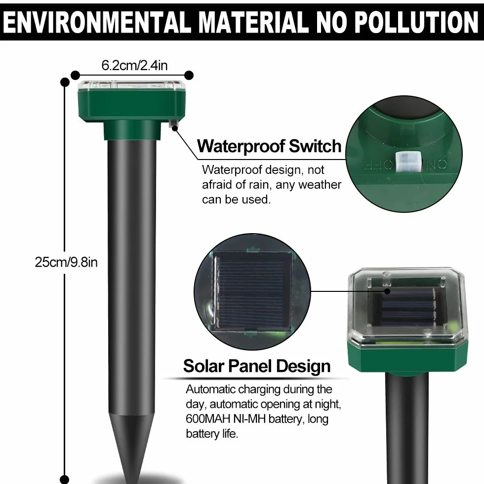 Distributori di talpe solari: IP65 impermeabile a energia solare, spaventaparvicole, antitalpe a ultrasuoni, per espellere, antitalpe, antiparassitari per il giardino (4 pezzi)