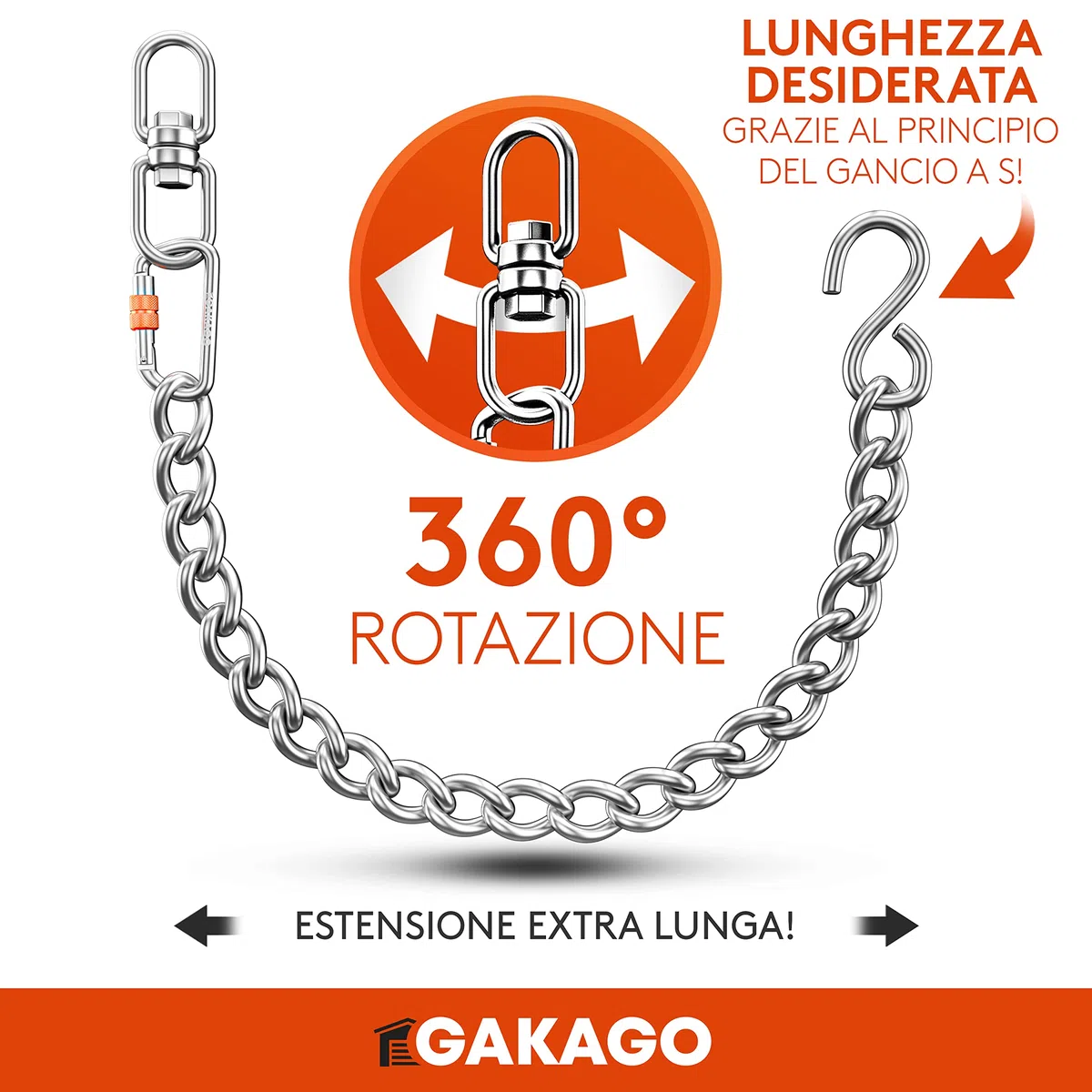 Gakago Catena di prolunga Come Catena per Sedia sospesa, prolunga per Altalena, Supporto per Sacco da Boxe - Catena in Acciaio con Gancio a S, girella e moschettone - Anche per Esterni