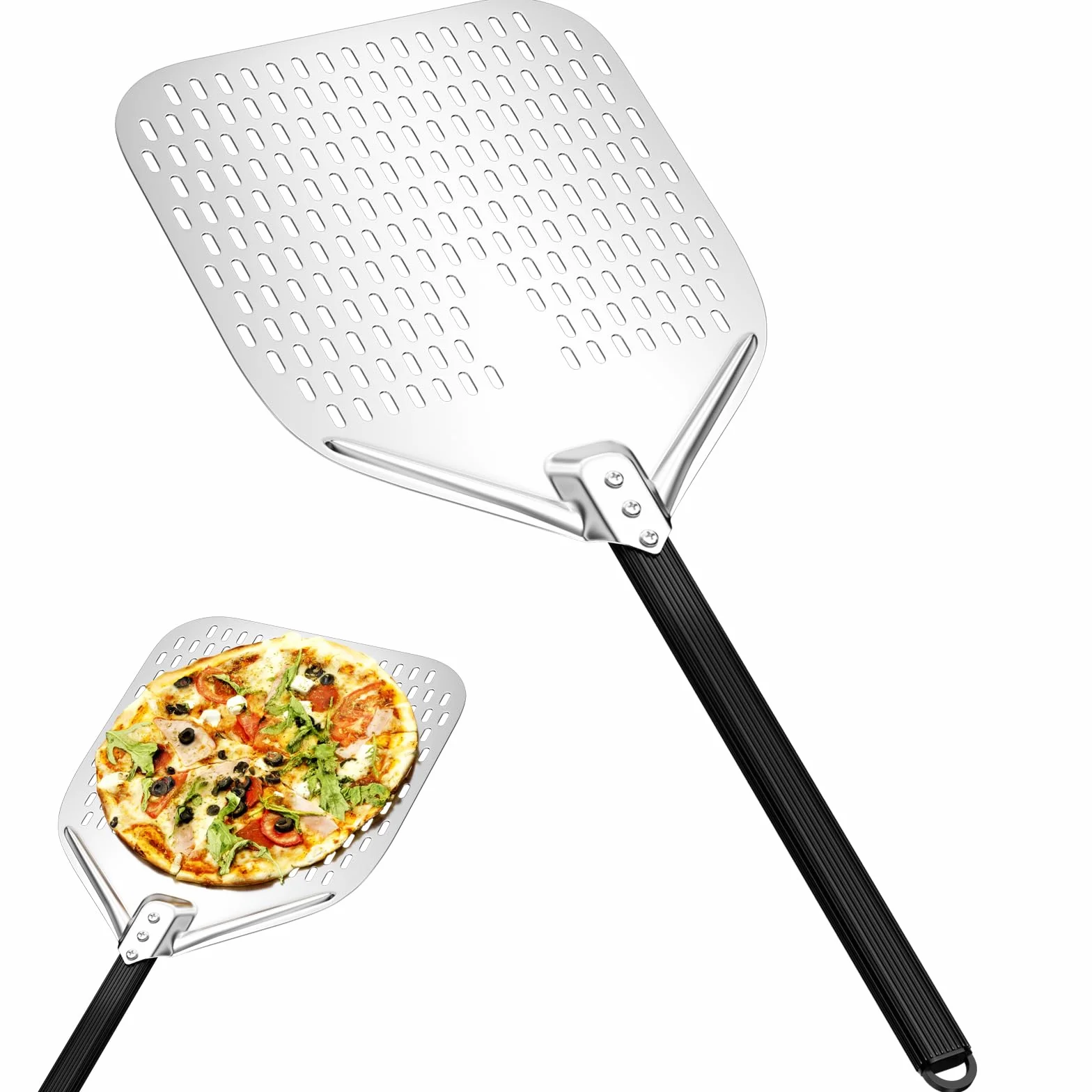 Maxentico Pala per Pizza, Paletta per Pizza, Pala Pizze Forata in Alluminio Anodizzato Duro, con Manico Lungo Rimovibile 40cm per Sollevare Pizze e Prodotti da Forno per Il Forno - Rettangolare