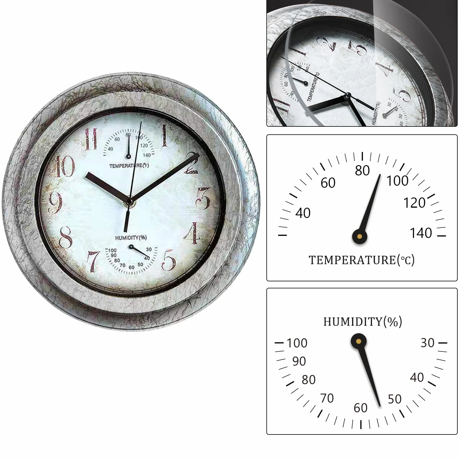 Orologio da parete vintage per esterni, 12 pollici, per interni ed esterni, con termometro e igrometro, stile industriale vintage