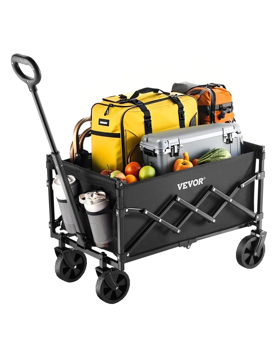 VEVOR Carrelli Pieghevoli da 120 L Capacità di Peso 102,06 kg Carrello Multiuso per Esterni Resistente con Ruote per Tutti Terreni, Maniglia Regolabile, per Spiaggia, Alimentari, Giardino, Nero