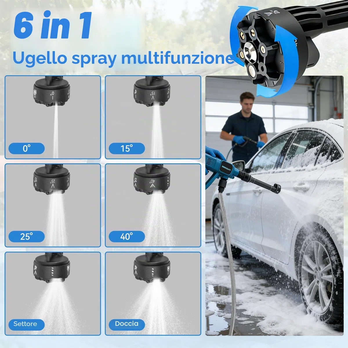 Idropulitrice a Batteria, Pistola Idropulitrice da 21V, Dotata di 2 Batterie da 4000 mAh, Ugello Multifunzione 6 in 1, Tubo da 5M, Batteria per Lavaggio Auto e Giardino