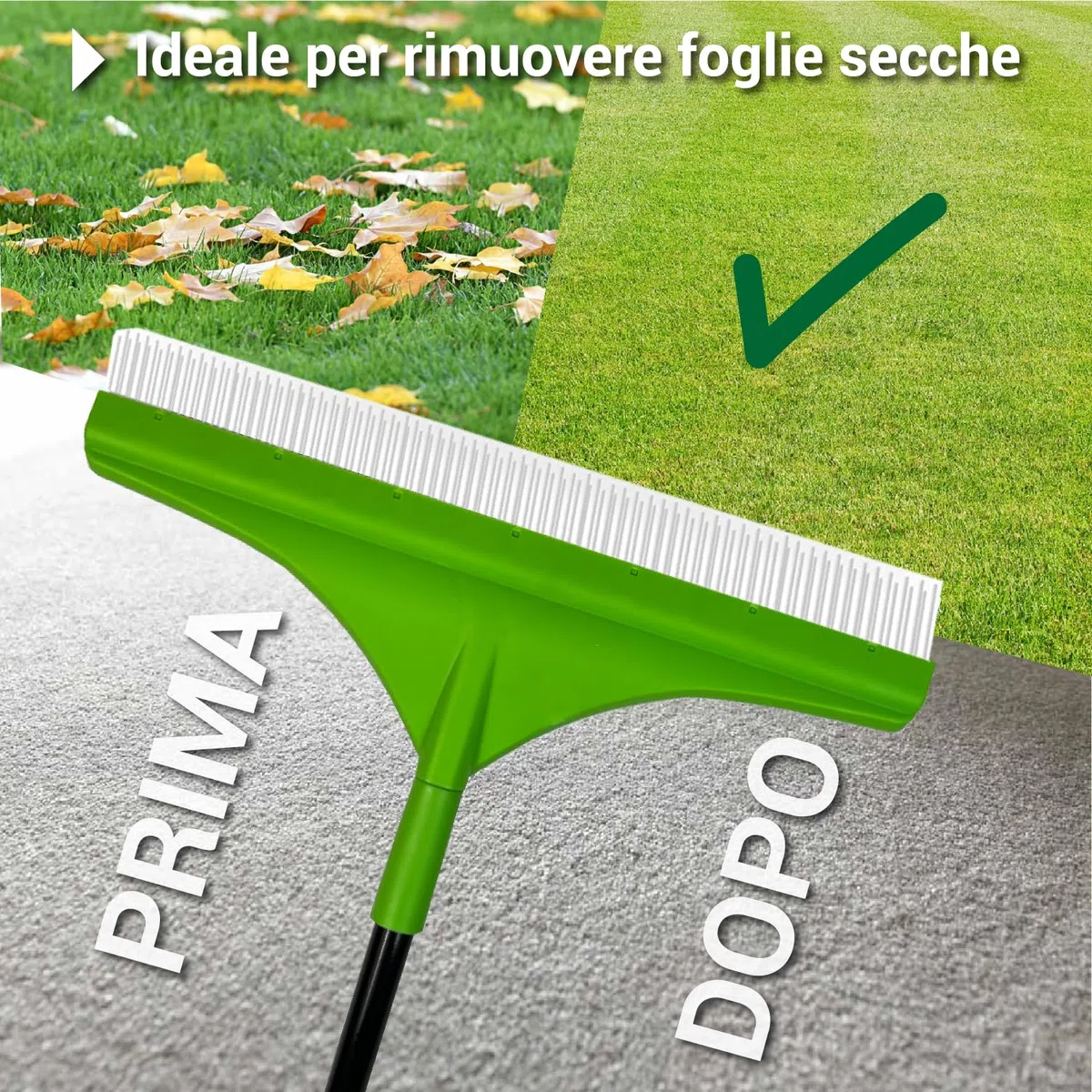Crisalide® - Rastrello per Erba Artificiale Setole in Poliammide 35 mm, Doppia Fila, Asta Telescopica 80-130 cm, Larghezza 45 cm Manico Ergonomico in Gomma Per Pulizia e Cura di Prati Sintetici