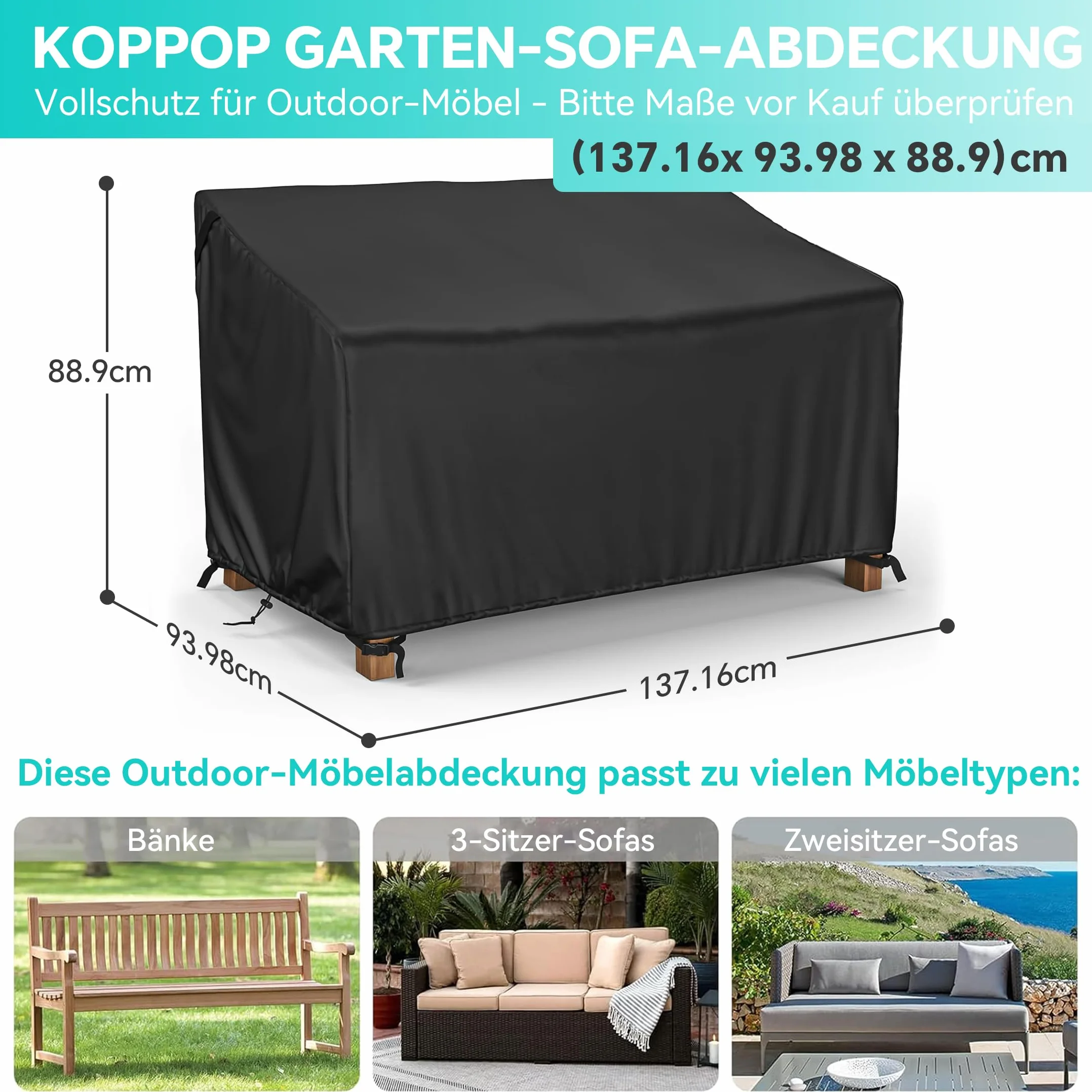 Copertura per Panca da Giardino 2 Posti Impermeabile Tessuto Oxford 600D Antivento Anti UV e Resistente agli Strappi Protezione Pioggia Sole 134 x 66 x 63/89 cm