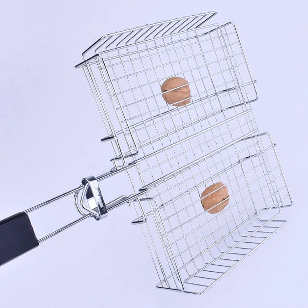 Cestino pieghevole in acciaio inox per barbecue con manico rimovibile, rete portatile per barbecue per campeggio e cucina all'aperto, 64,5 x 31 x 5 cm