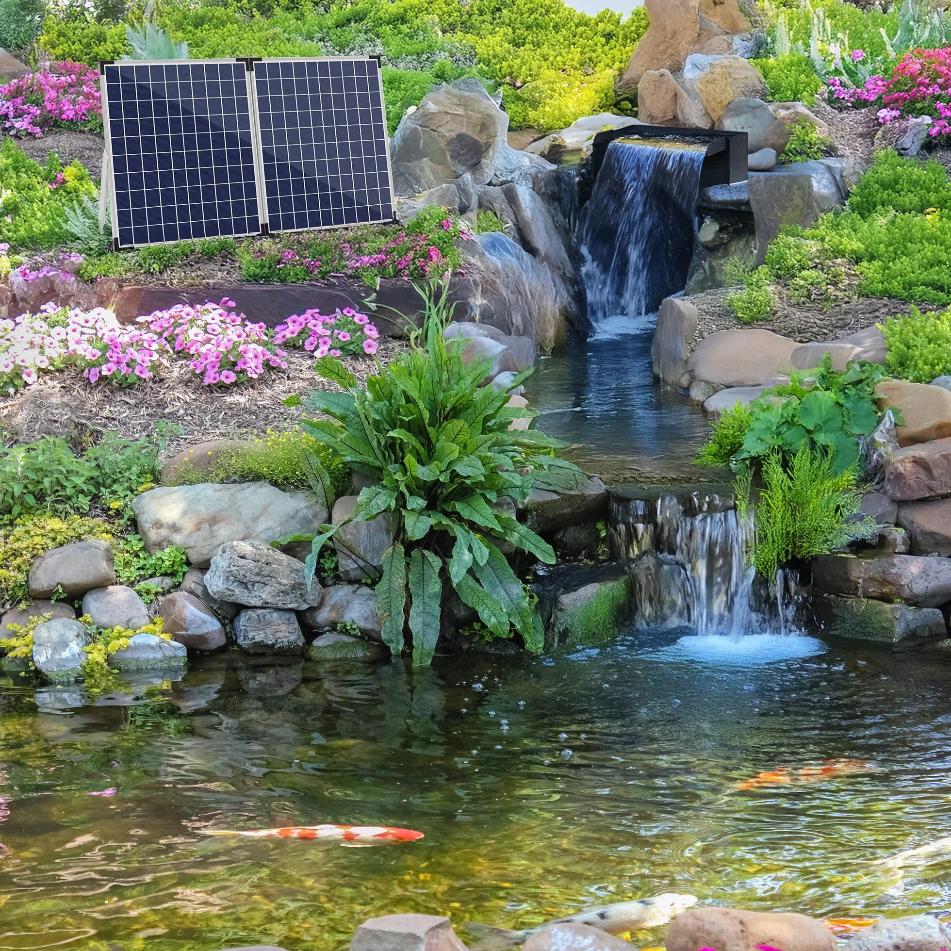 Biling Set completo a cascata solare, 20 cm, in acciaio inox, con pompa da 2100 l/h, cascata di ruscello per giardino, gioco d'acqua, terrazzo
