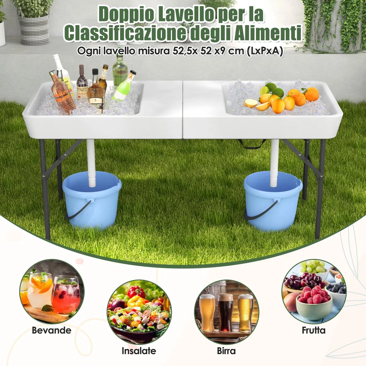 RELAX4LIFE Tavolo Refrigerante Pieghevole 150 CM per Bevande e Alimenti Freddi, con 2 Lavelli, Gonna Rimovibile, Tubo di Scarico Regolabile, Piano in HDPE, Tavolo del Ghiaccio Per Giardino, Campeggio