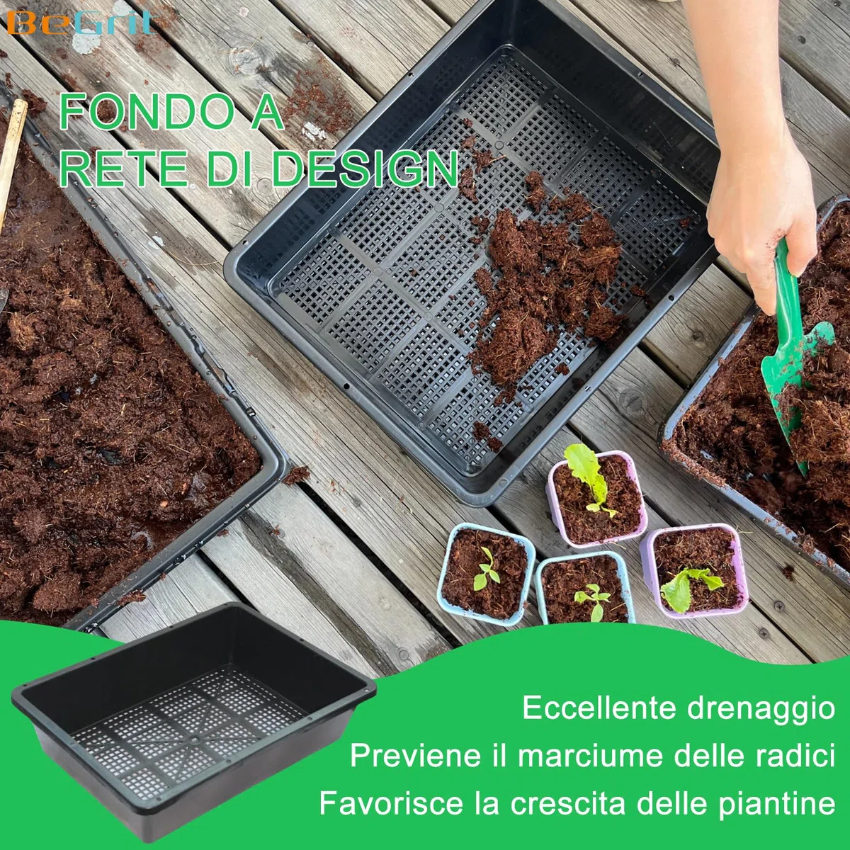 BeGrit 10 Pezzi Vassoi Semina Plastica 32 x 23 x 7.5 cm Germinazione Semina Vaschette Semenzaio vassoio per microgreens rettangolari semi in plastica per Serra Idroponica Giardino Verdura Frutta Seme