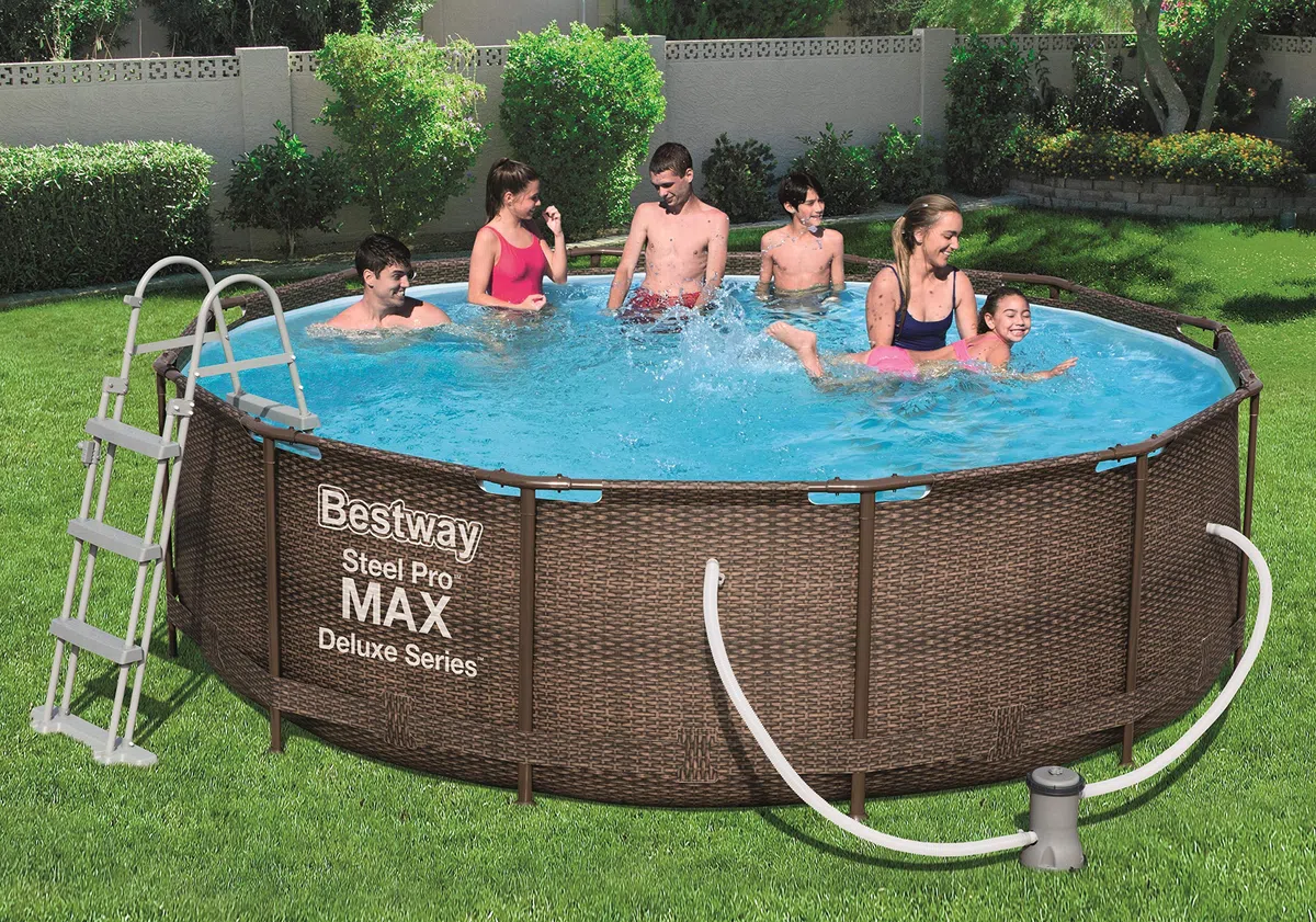 Bestway Power Steel Deluxe 366 x 100 cm, piscina rotonda con robusto telaio in acciaio, set completo, rattan