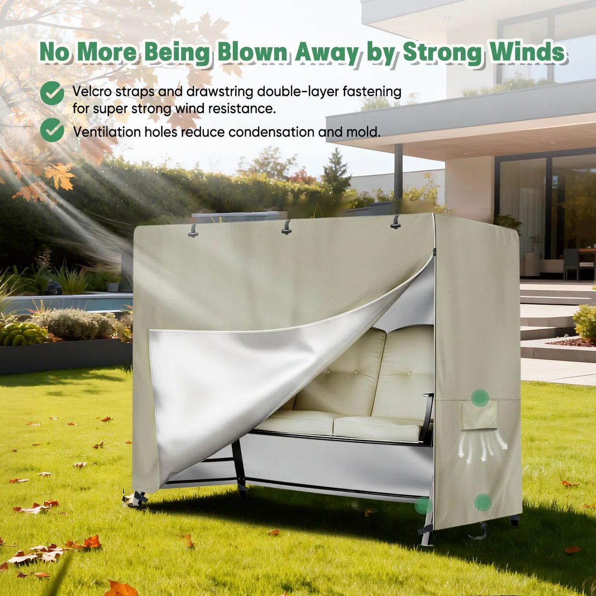 NEVERLAND Copertura Dondolo 3 Posti - Copertura Altalena Impermeabile, Antivento Antipolvere, Tessuto Oxford 420D Anti-UV, Telo Copri Dondolo da Esterno, per da Giardino Swing, 220x150x150CM, Kaki