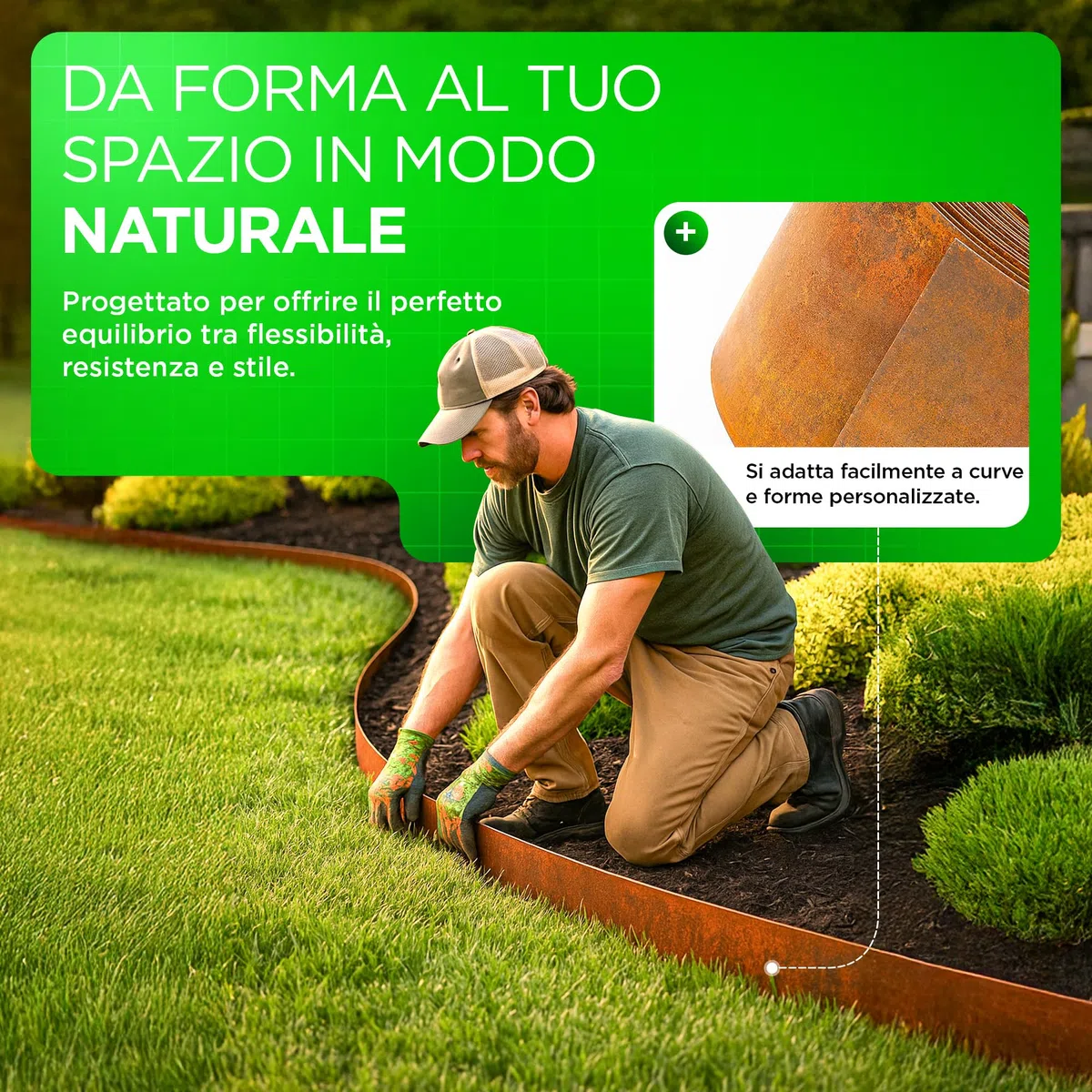 Bordura Corten per Giardino 10 Metri | Bordura per Aiuola Esterno 14 cm Altezza | Design Flessibile e Facile da Installare | Include Guanti, Blocco in Legno, Connettori ed eBook con Istruzioni