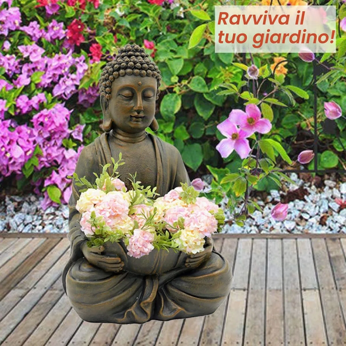 Yeomoo Statuetta di Buddha da meditazione, decorazione da giardino per esterni, Zen Buddha, decorazione da giardino, soggiorno, balcone, grande figura con ciottoli di loto e pietra di vetro, regalo