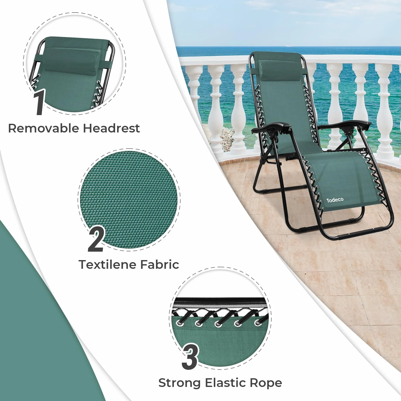 Sotech Todeco Sdraio Per Giardino, Sedia Pieghevole A Gravità Zero, Verde | Textilene resistente, cuscino incluso, carico massimo 100 kg, struttura in acciaio, sdraio da giardino