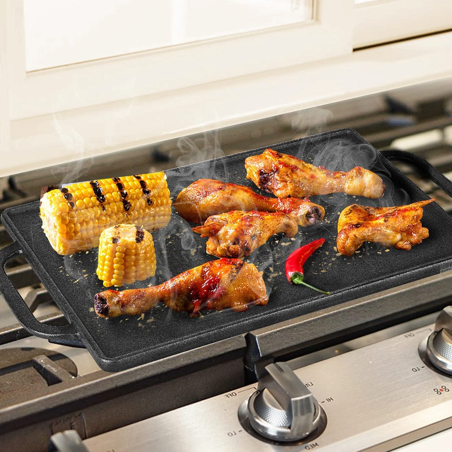 GFTIME Piastre in ghisa 33 x 21 cm per forno, fornelli e grill, piastre in ghisa, reversibili, griglia in ghisa, griglia per cottura e grill 2 in 1, 1 confezione