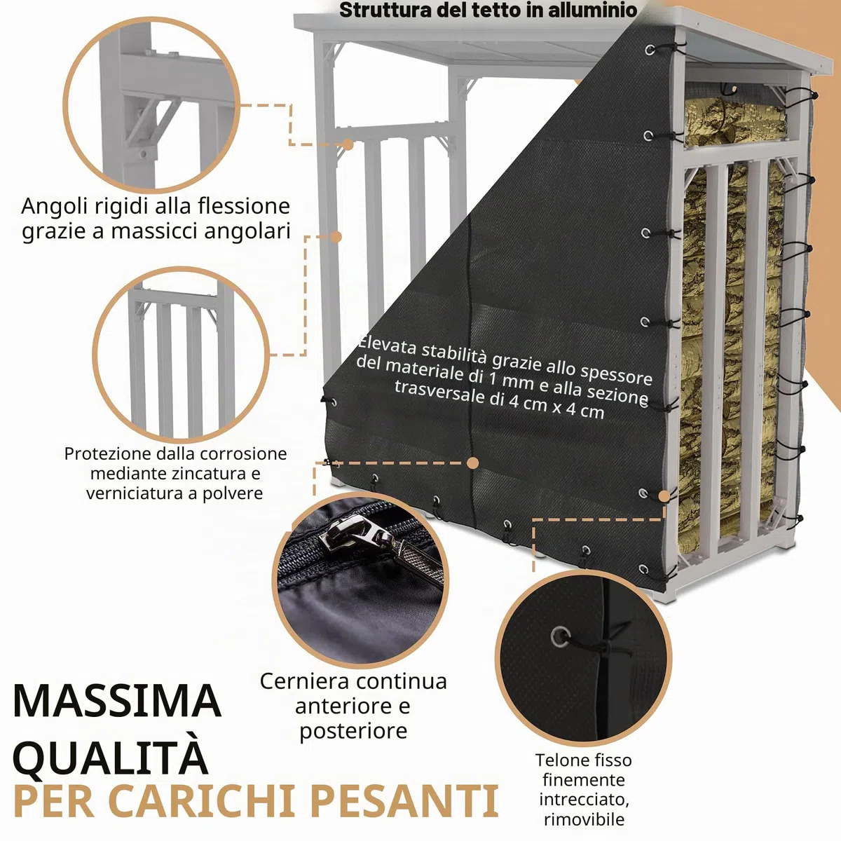 Portalegna da Esterno Coperto con Tetto 188x70x188 cm Argento Zincato | 45 kg, Metallo, Capacità 3t, Con Telone, Legnaia da Esterno