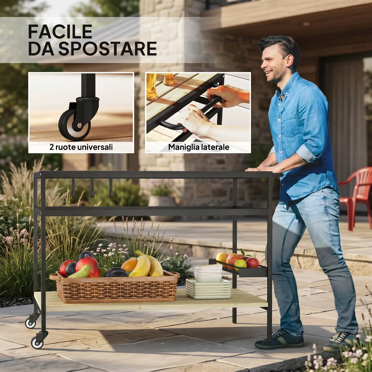 Outsunny Carrello Portavivande da Giardino in Legno di Abete con Ruote, Carrello di Servizio con 2 Ripiani a Doghe, 3 Ganci e Maniglia, 107x65x80 cm Color Legno