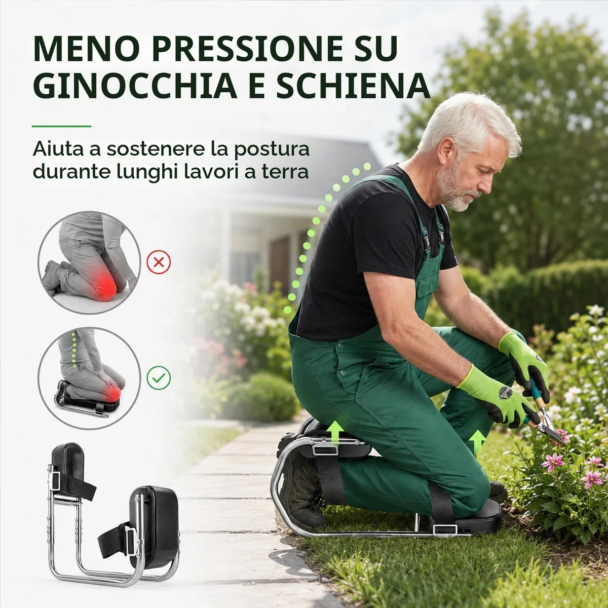 Ginocchiera per giardinaggio, sedia in ginocchio con funzione di seduta, sgabello da giardino, regolabile, portatile, comfort per ginocchia da 160-195 cm di altezza, protezione per ginocchia