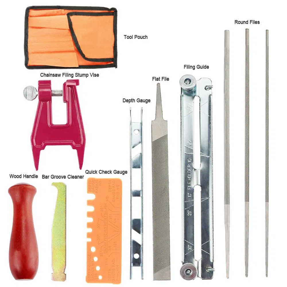 Affilatura per Motosega Kit, Affila Catena Motosega Kit, Affilatura Lama Motosega Kit, con 1 Lima Piatta 3 Lima Rotonde e Morsa per Ceppo per Motosega, per Affilatura e Limatura di Motoseghe