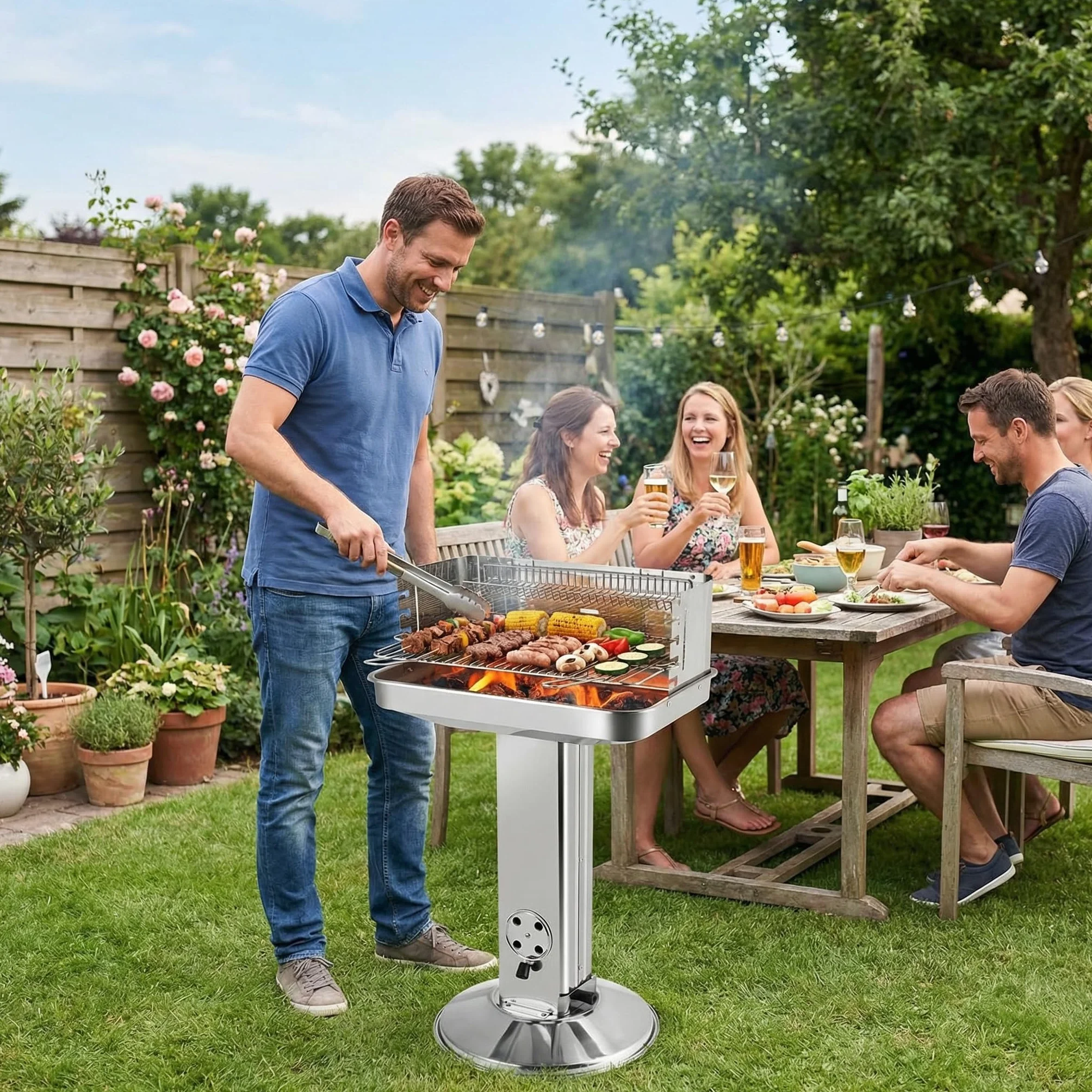 TLGREEN 57*38*90 cm Barbecue a colonna in acciaio inox, Altezza regolabile in 5 posizioni, Barbecue da esterno con Cassetto cenere, ventilazione e griglia cromata, Outdoor, Party, Giardino, Spiagge