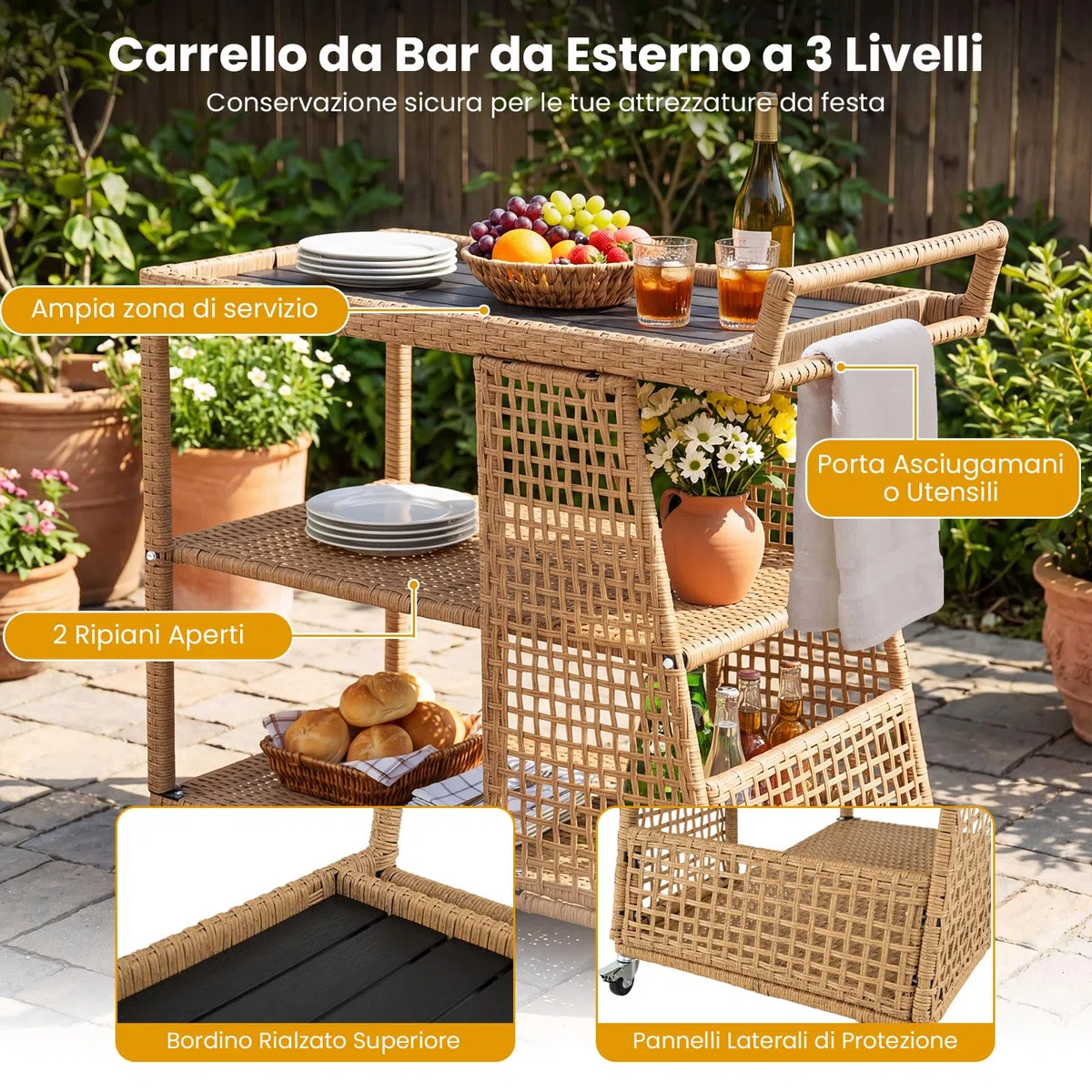 COSTWAY Carrello Bar da Esterno, Carrello Portavivande in Rattan con 4 Ruote, 3 Ripiani Aperto e Maniglia Laterale, Carrellino da Servizio per Cucina, Giardino e Bordo Piscina, 98 x 54 x 92 cm