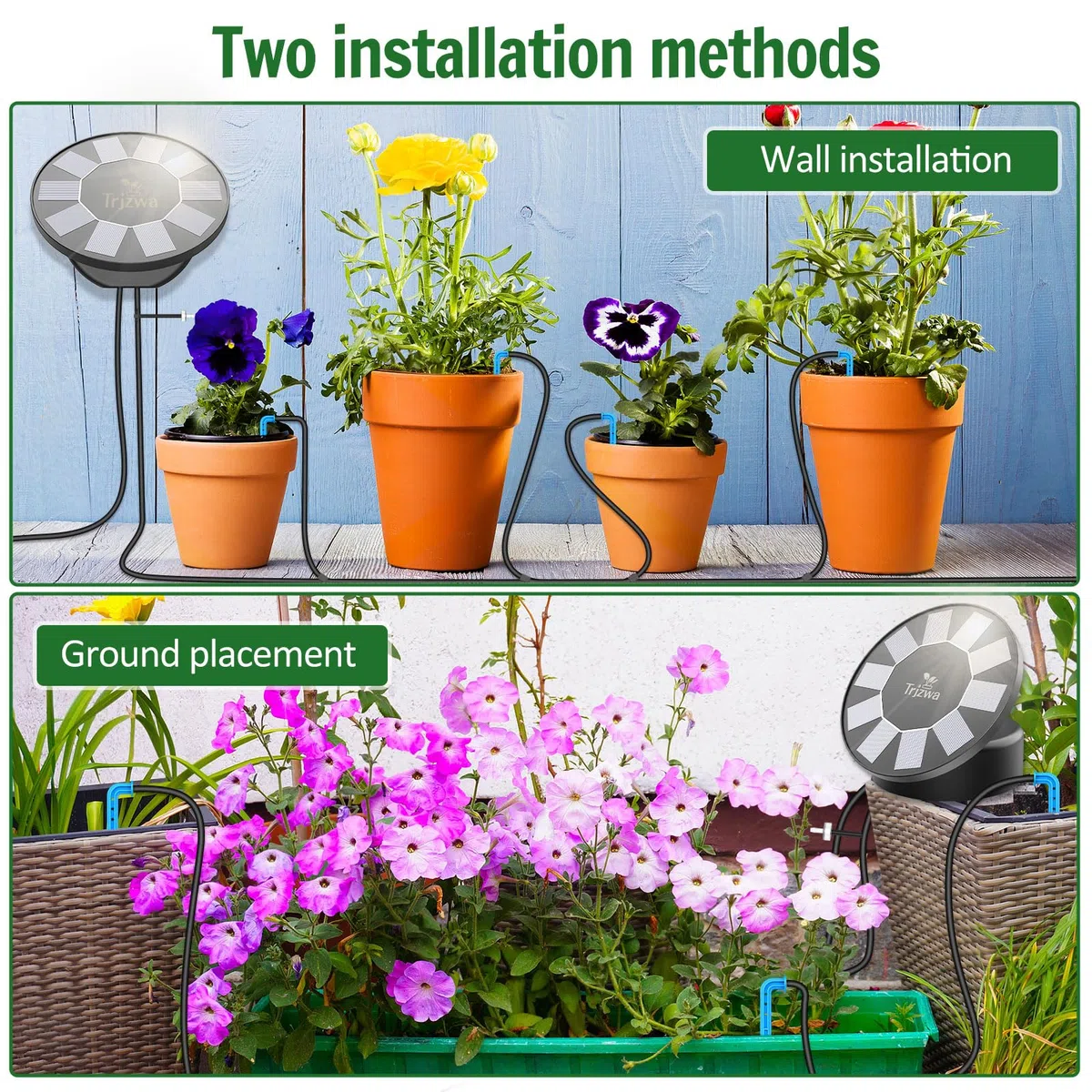 Sistema di Irrigazione Solare con Serbatoio Integrato per Piante | Kit con Timer Programmabile, Serbatoio Esterno e 5 Fioriere Grandi + 5 Piccole Incluse per Balcone e Piante in Vaso, Balcone