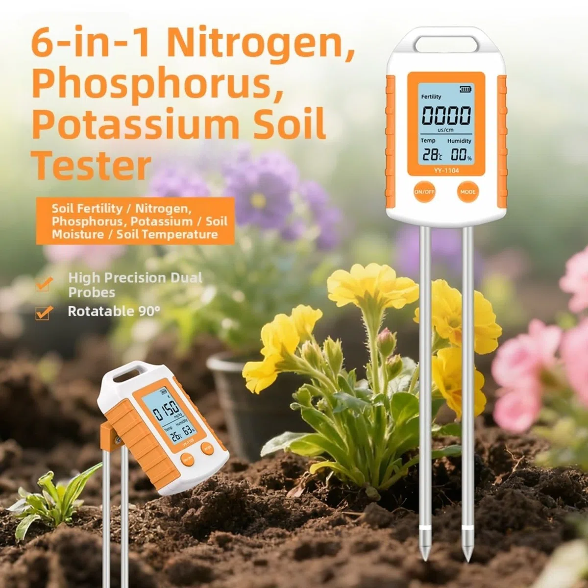 KiraKira Strumento portatile 6 in 1 per test del suolo, NPK, misuratore di temperatura e umidità del pH, misuratore di fertilità da fattoria da giardino, per grande schermo LCD