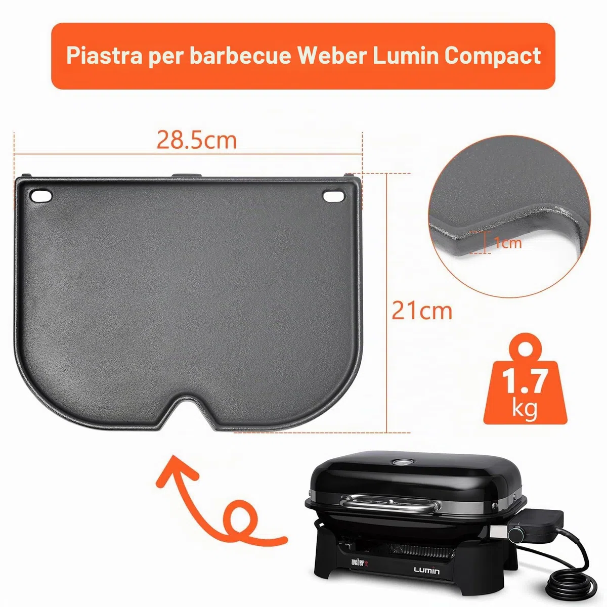 Denmay 28,5 x 21 cm, piastra in ghisa per barbecue Weber Lumin Compact, padella di ricambio per barbecue Weber Lumin Compact, 1 confezione