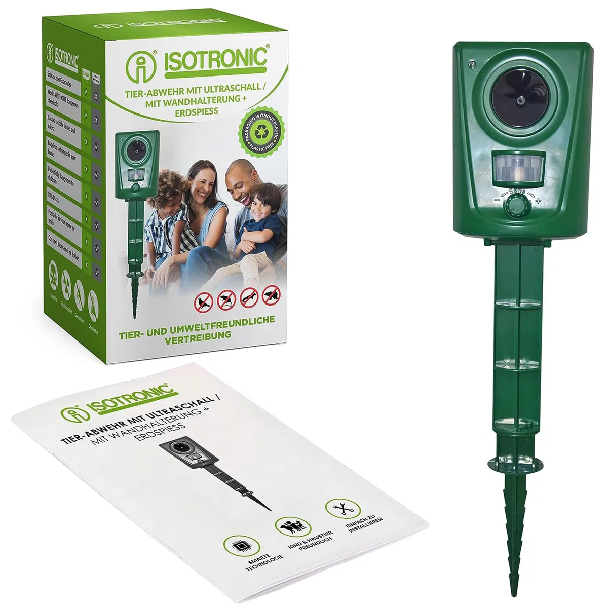 ISOTRONIC repellente solare animali gatti cani volpi procioni ultrasuoni giardino raggio 40m² 1 unità efficace esterno difesa dissuasore ecologico protezione prato parassiti impermeabile mobile stop