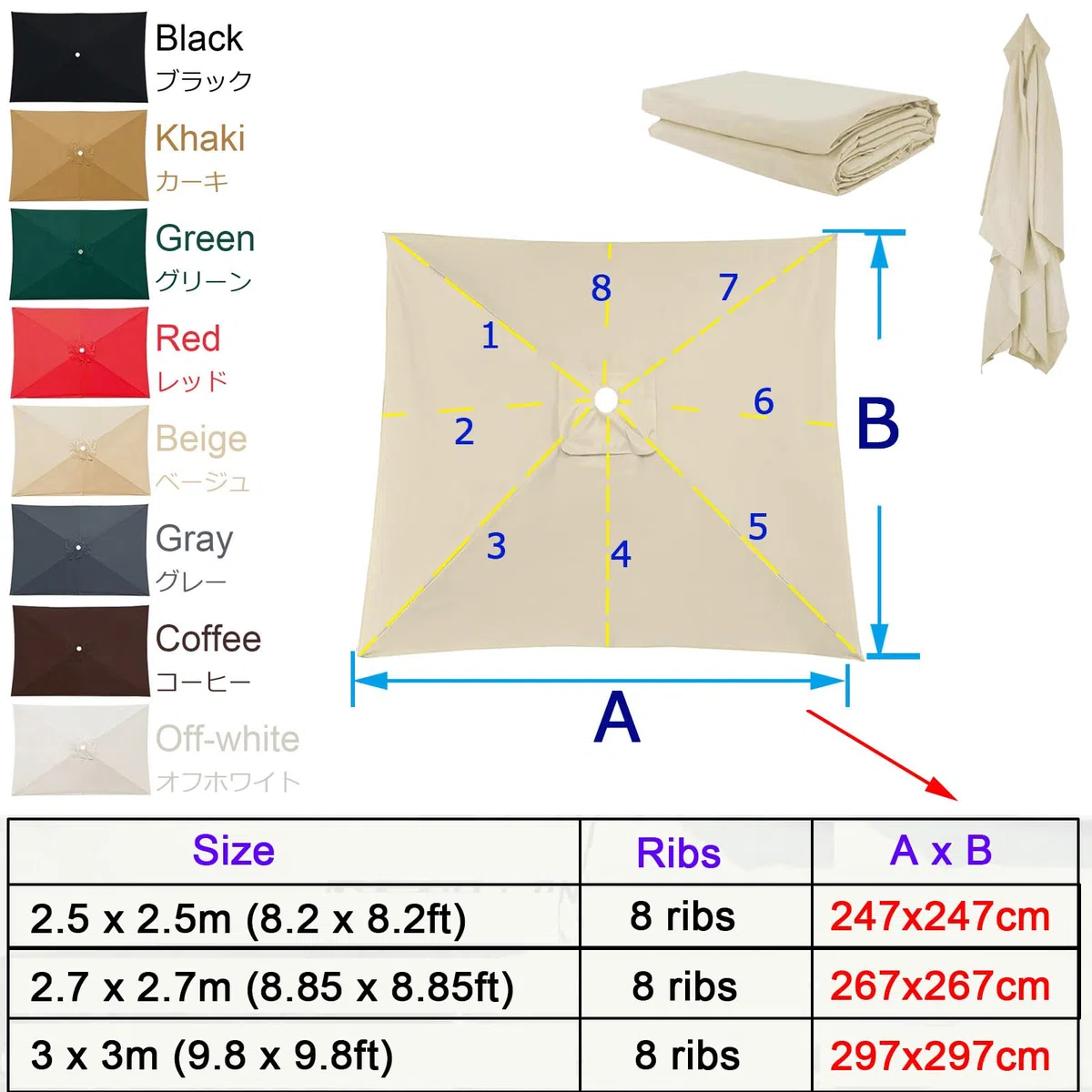 Telo Di Ricambio Per Ombrellone Colonna Centrale, Copertura Di Rechange Per Parasole Da Giardino Tavolo, Impermeabile Durevole Per Esterni, 4 6 8 Stecche Tessuto Di Sostituzione(Beige,2.7X2.7m)