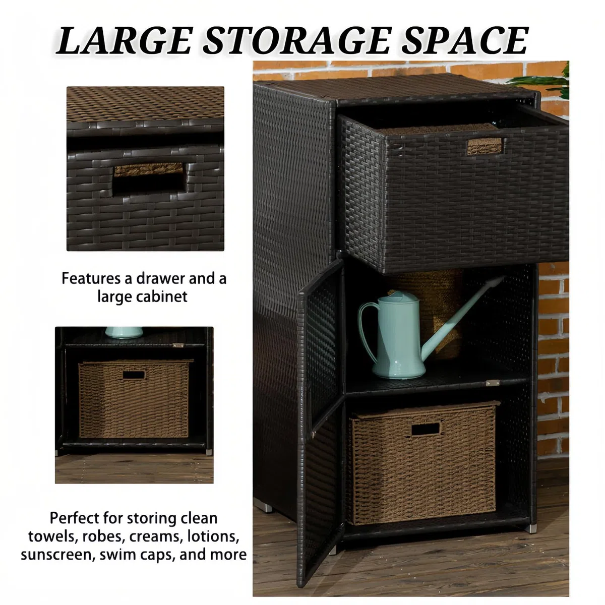 Portasciugamani da esterno con ripiano e cassetto, porta asciugamani a bordo piscina, per spa, patio e spiaggia, design resistente ed elegante