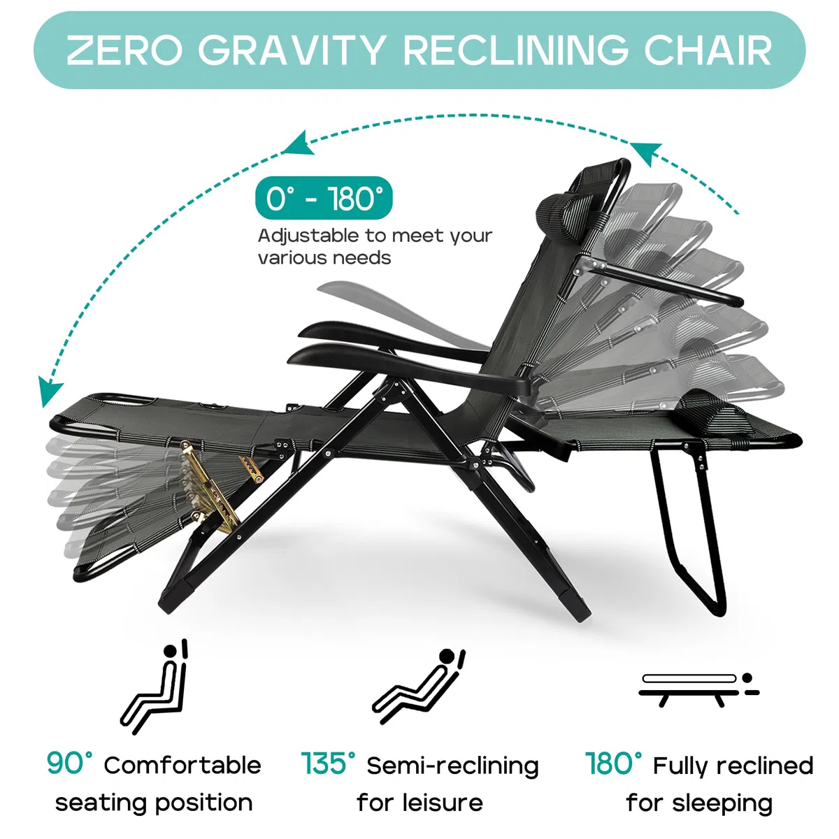 Sdraio da Giardino Pieghevole con Cuscino - Lettino Sedia a Sdraio Poltrona Relax Extra Large, 7 Schienali Regolabili, per Giardino Piscina Terrazza, Nero