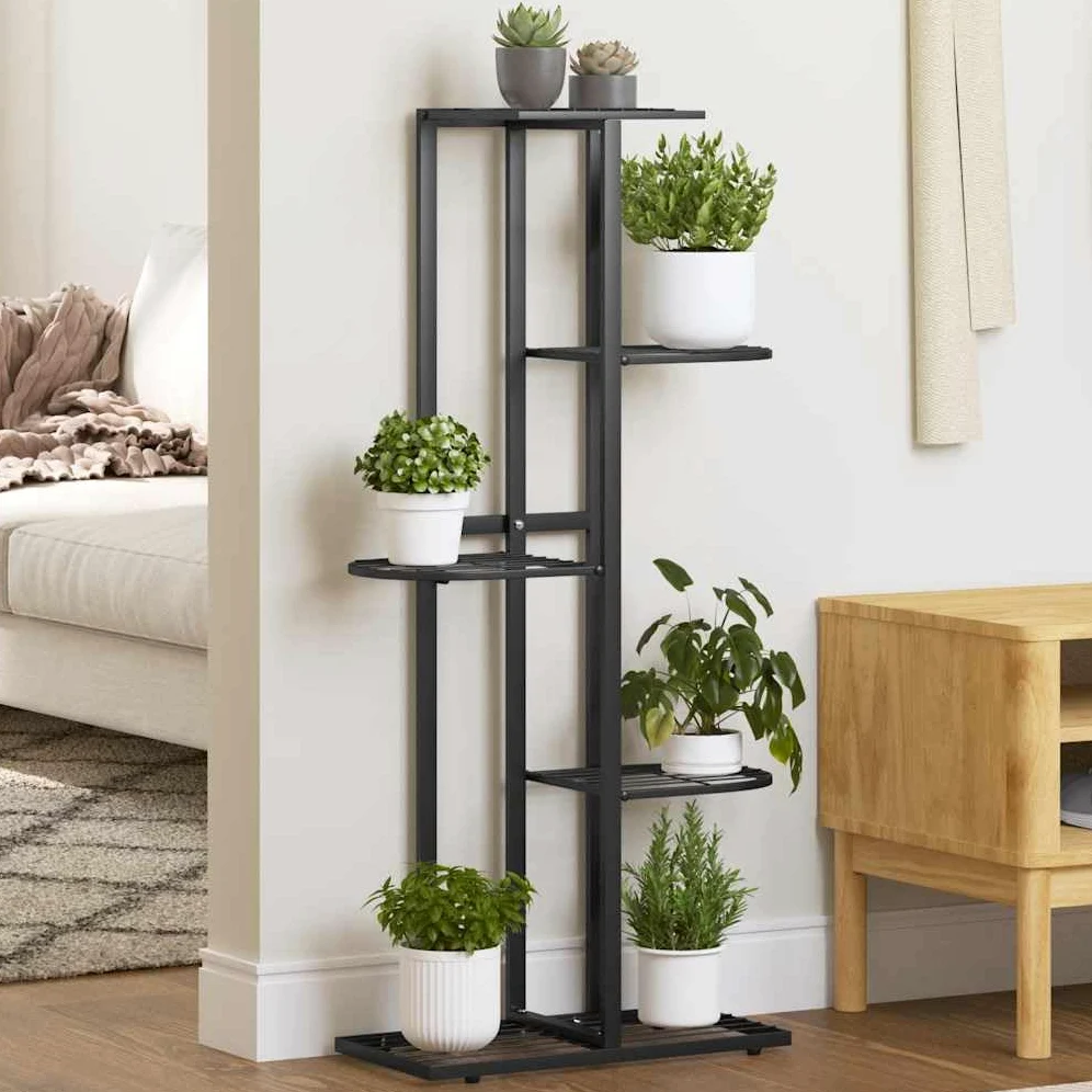 Fioriera a 5 ripiani in metallo nero, 43 x 22 x 98 cm, mensola per piante, balcone, patio, soggiorno, con supporto per vaso e mensola per erbe aromatiche, orchidee e piante grasse