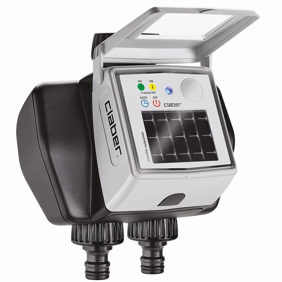 Claber Dual myAquaSolar, programmatore a rubinetto a due vie con pannello fotovoltaico