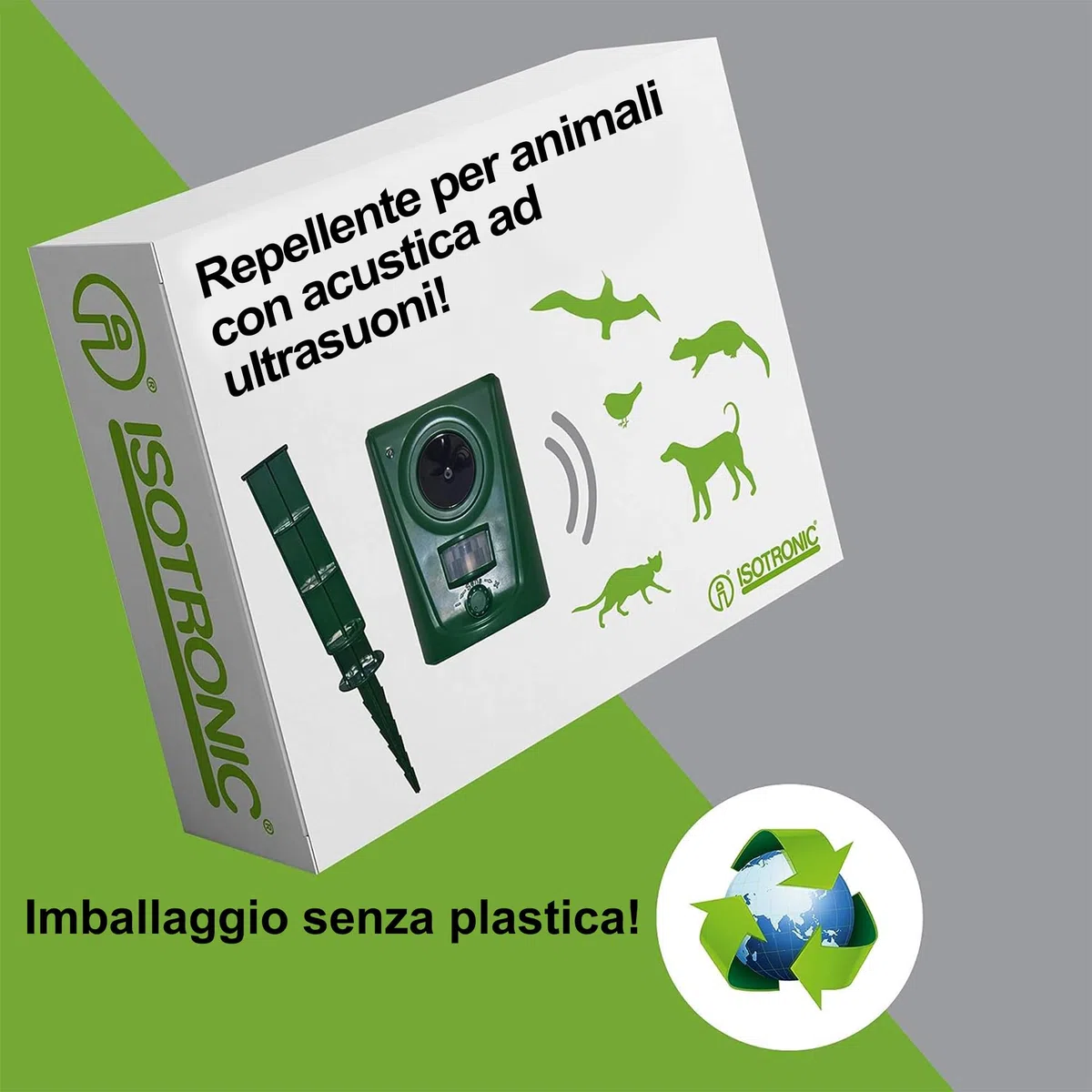ISOTRONIC repellente solare animali gatti cani volpi procioni ultrasuoni giardino raggio 40m² 1 unità efficace esterno difesa dissuasore ecologico protezione prato parassiti impermeabile mobile stop