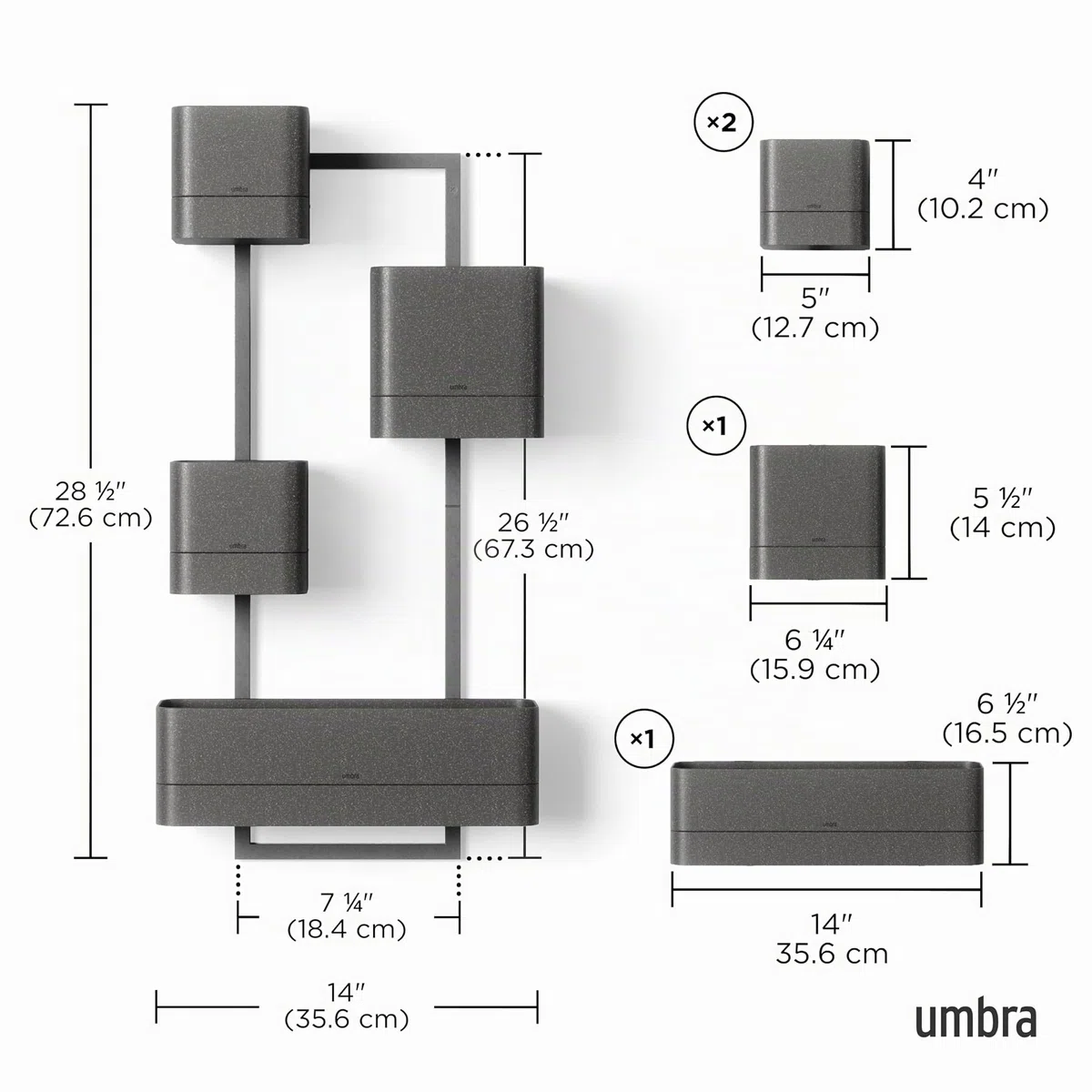 Umbra 1018767-040 Vaso da Parete Moderno e Contemporaneo, Polipropilene (PP) Acciaio Inossidabile Acrilonitrile butadiene stirene (ABS), Nero, 4 pots