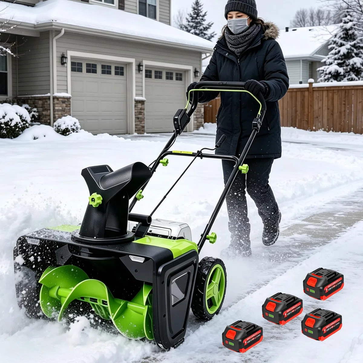 Rimuovi Neve Elettrico per marciapiede Ingresso — 40V, 3500W Motore Senza spazzole, 50cm Larghezza, gittata Massima 7,6 m, coclea in Nylon, spazzaneve per terrazza e Cortile 4Batteries