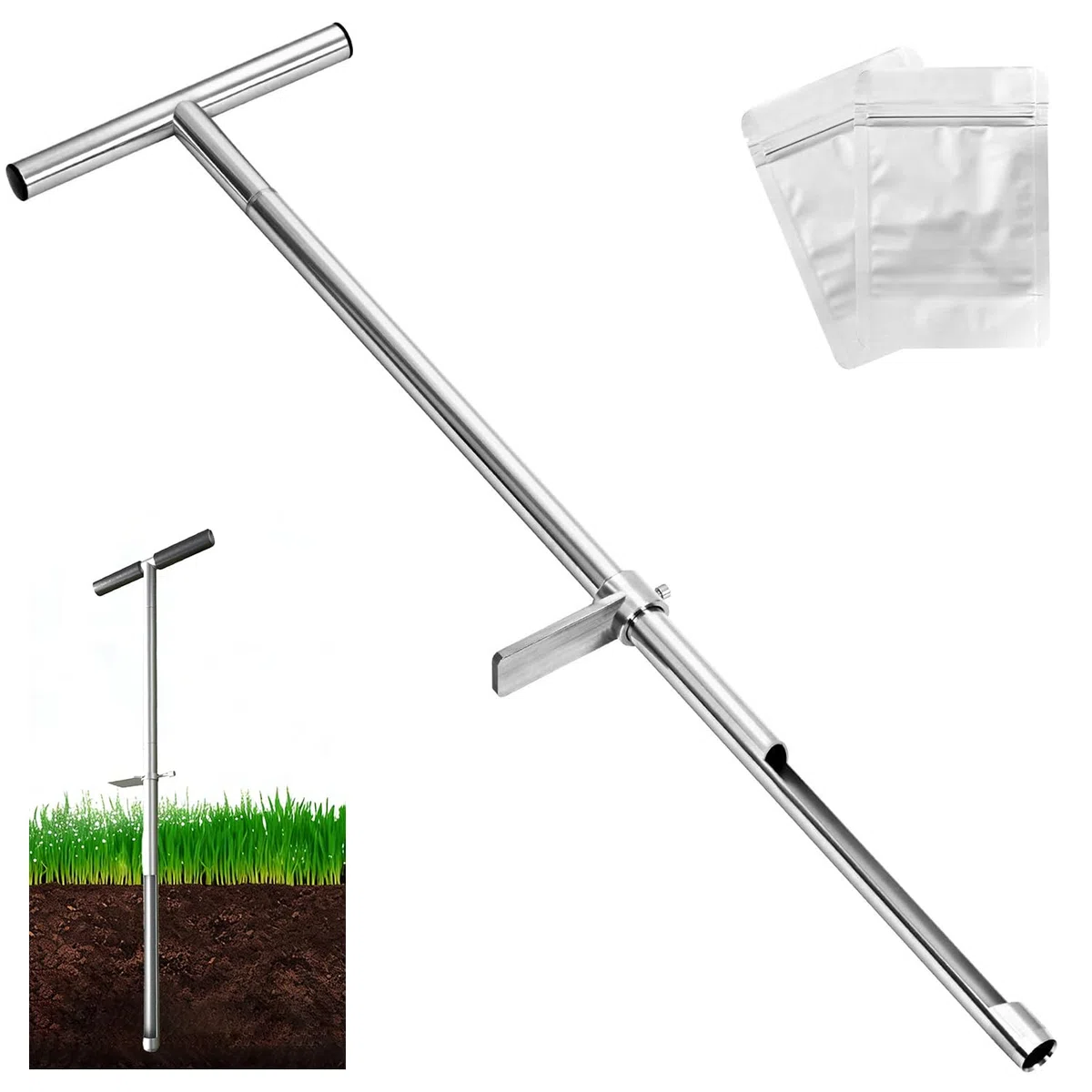 Sonda per campione di terreno, 91 cm, in acciaio inox, con impugnatura a T e pedale, campionatore a T con 2 campioni riutilizzabili, campionatore per la cura delle piante, giardino, prato, agricoltori