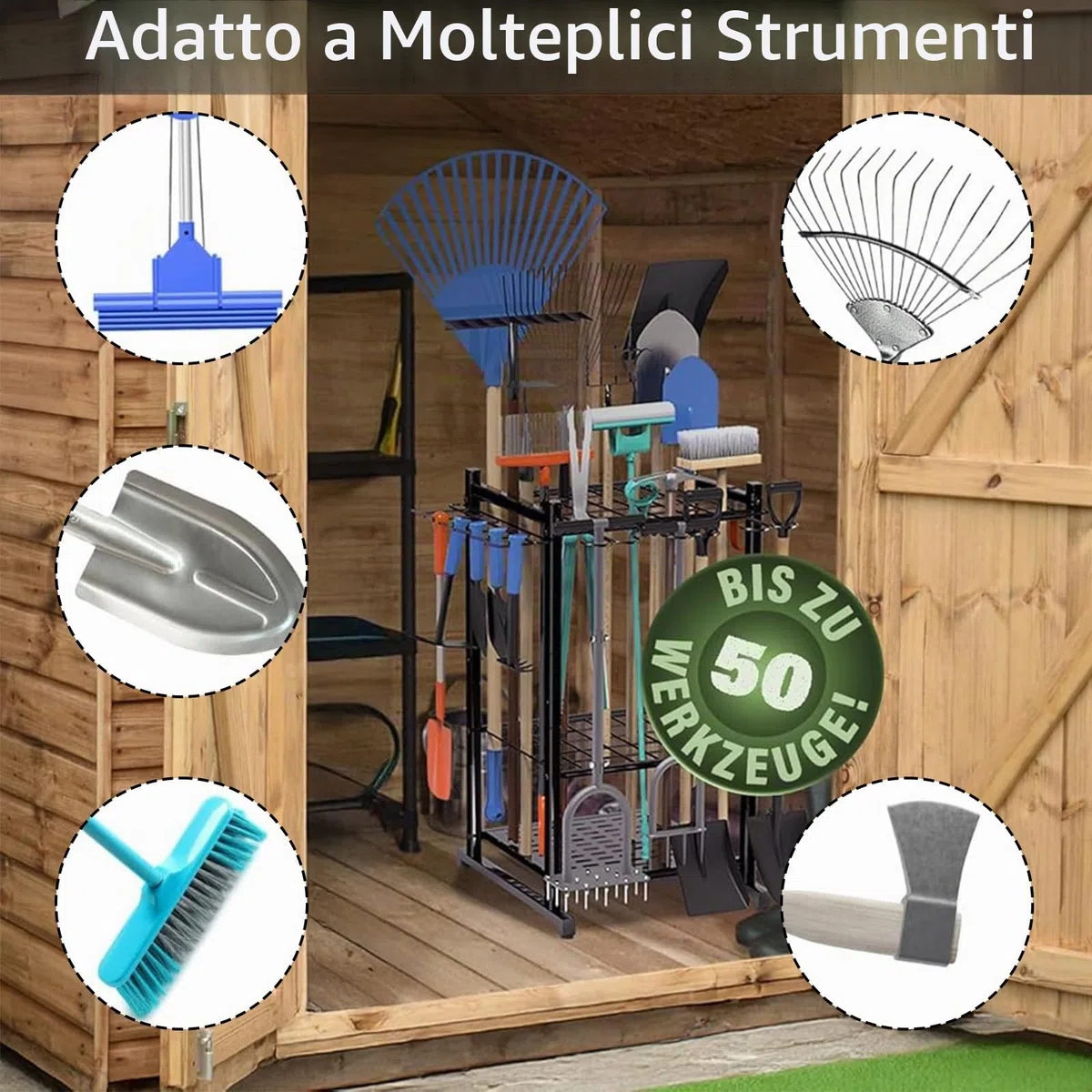 Porta Attrezzi, Porta Attrezzi da Giardino con Ruota Universale 43 x 30 x 81,3 cm Porta Scope Nero con 6 Ganci Laterali Lunghi e 3 Ganci Portaoggetti per Garage Giardini Capannoni
