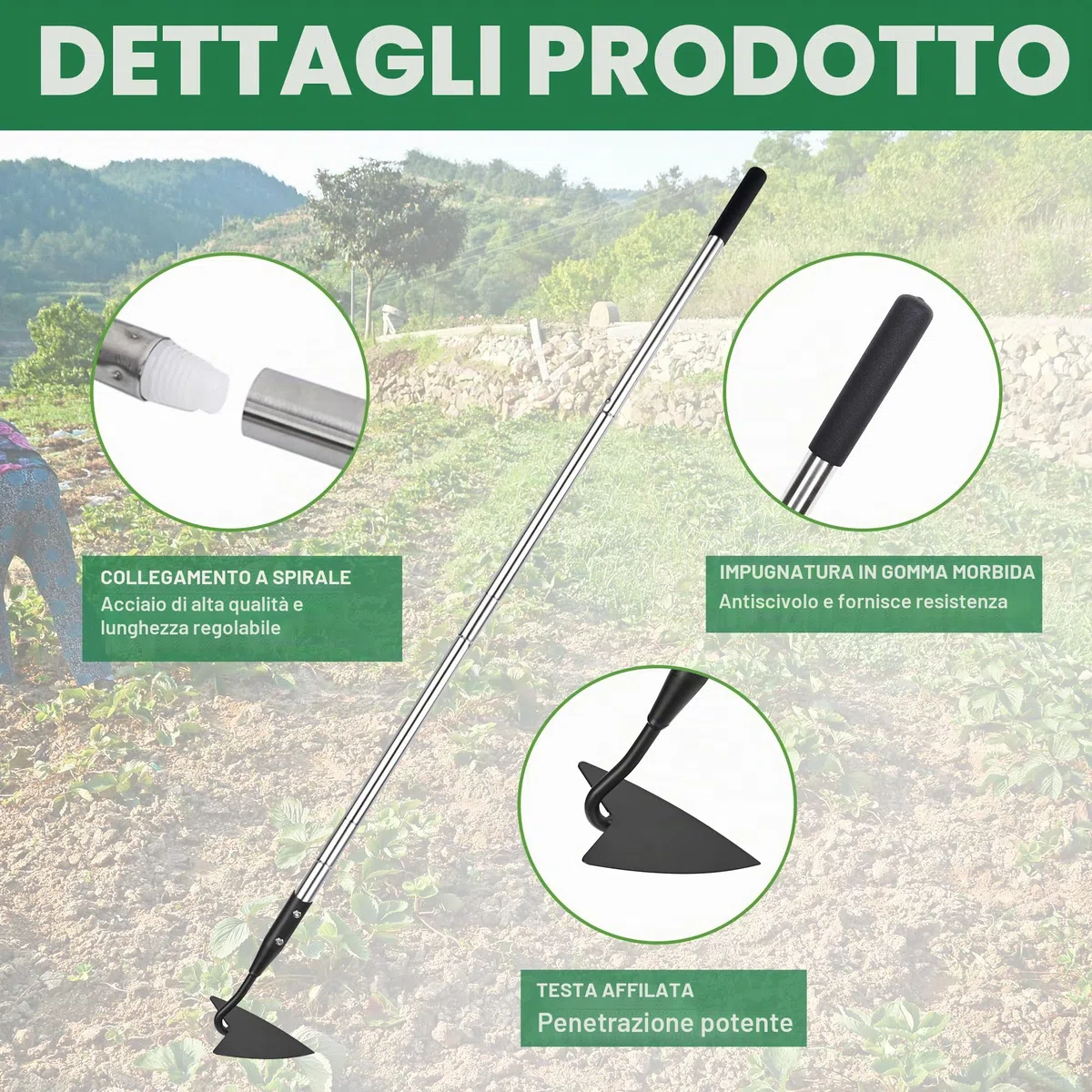 YEELOR Warren Zappa, Zappa da Giardino in Acciaio al Carbonio con Manico Lungo Regolabile in Acciaio Inox da 144,78 cm, Zappa da Giardino Robusta per Rifilatura, Diserbo, Scavatura, Allentamento e