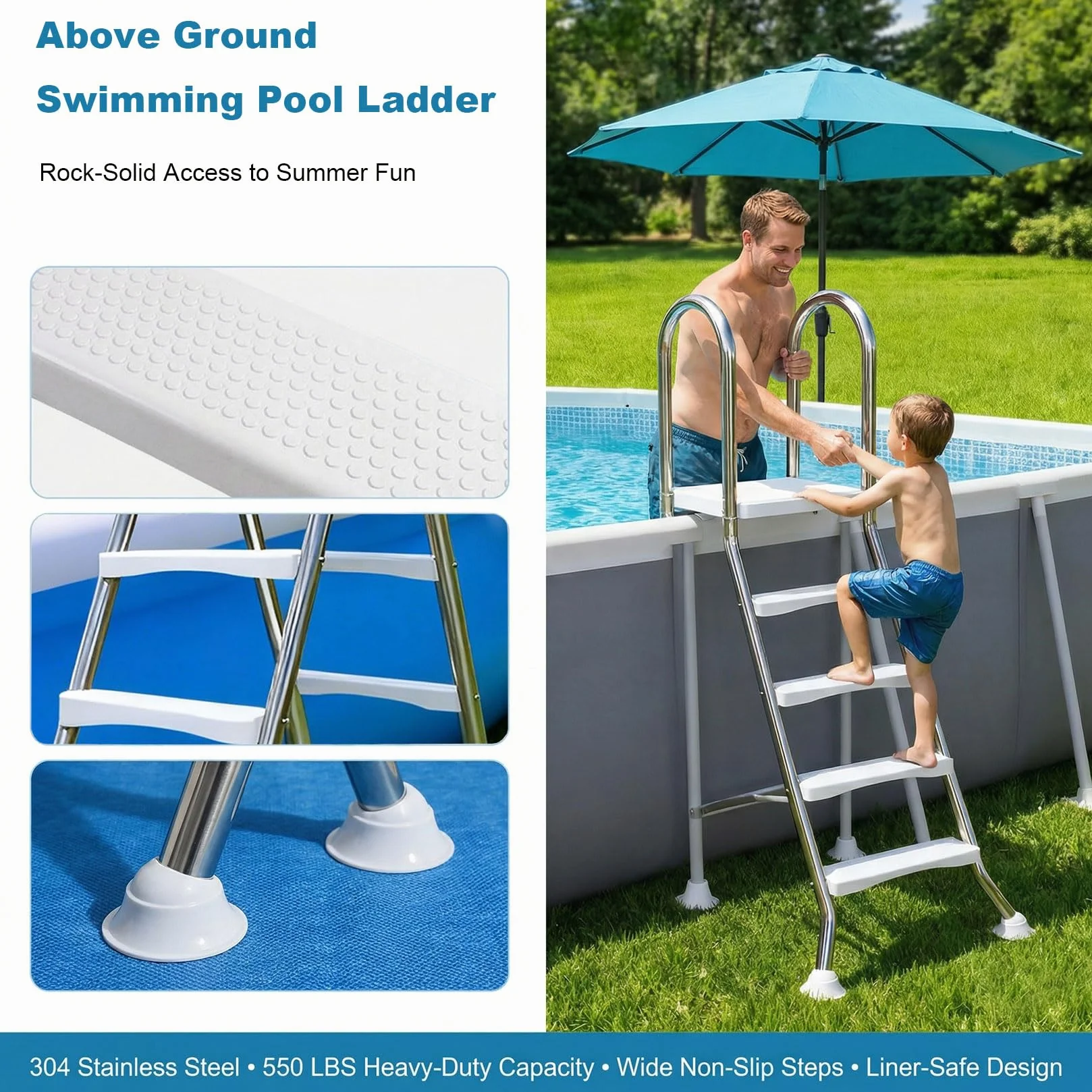 Scala per Piscina in Acciaio Inossidabile a 4+4 Gradini, Struttura a Forma di A per Piscine Fuori Terra, Gradini Antiscivolo, Scaletta per Piscina Resistente Portata 250 kg,85cm