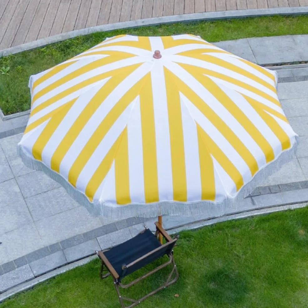 Ombrellone da Spiaggia con Frange da 200 cm, Strisce Gialle e Bianche, Inclinabile, per Piscina, Prato, Giardino e Terrazza, UPF 50+