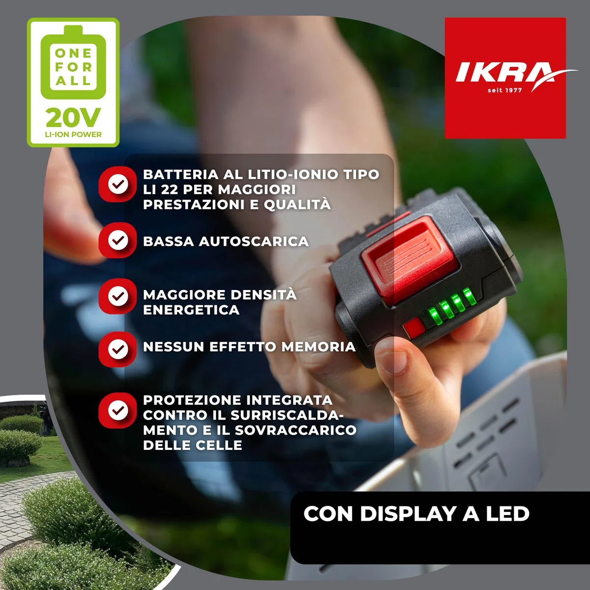 IKRA batteria 20V 2,0Ah LI 22, adatta a tutti gli attrezzi da giardino a batteria IKRA 20V, con display LED