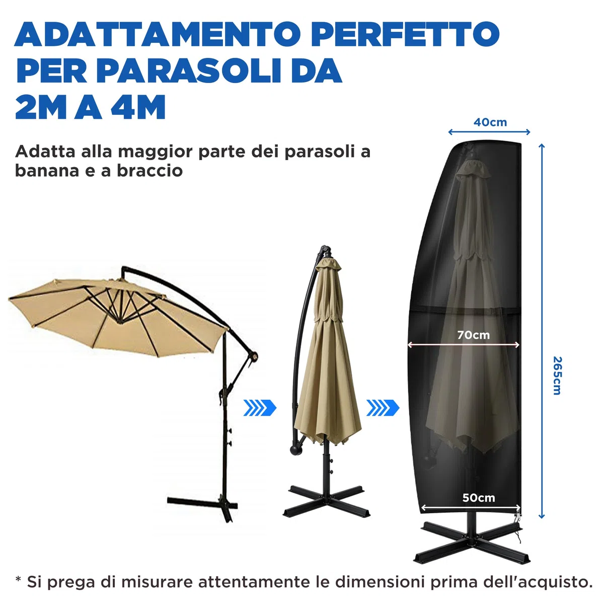 Copri per Ombrellone da Esterno – Copertura Ombrellone da Giardino Impermeabile in Tessuto 420D, Telo Copriombrellone Universale per Ombrelloni da 2m a 4m, Dimensioni Multiple: 265X40/70/50cm