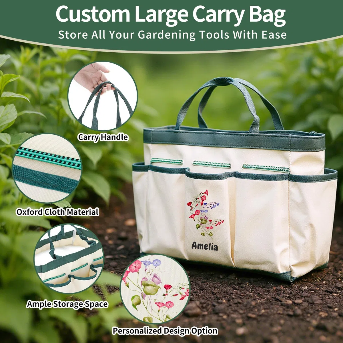 Set di Attrezzi da Giardinaggio Personalizzati, Kit di Forniture da Giardinaggio, Regali da Giardinaggio per Donne, Borsa Organizzatore per Attrezzi da Giardino con Fiore di Nascita e Nome