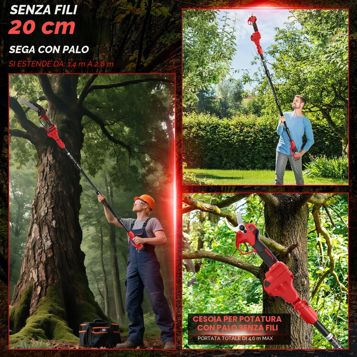 Mini motosega da 8 pollici con asta telescopica e cesoie elettriche da 28 mm, set di attrezzi da giardino 4 in 1, compatibile con batteria Milwaukee da 18 V, portata massima fino a 4 m (senza batteria